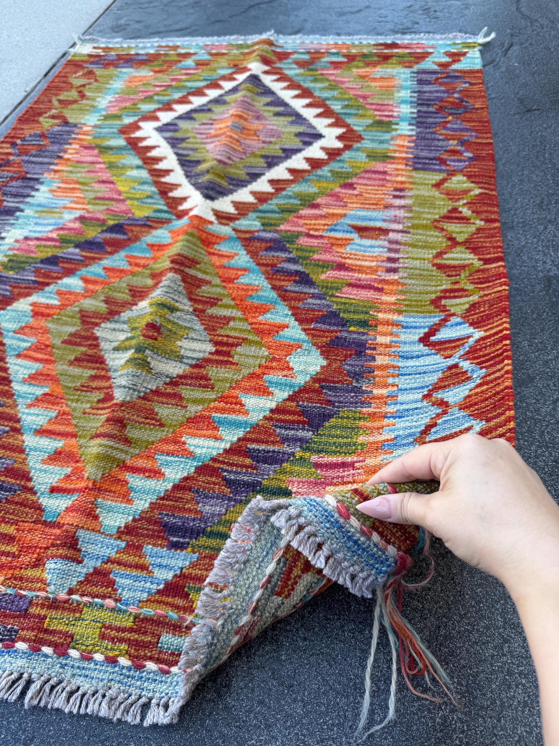 3x4 Handmade Afghan Kilim Rug | Burnt Orange Blood Red Olive Moss Green Teal Aqua Denim Eggplant Purple Cream White | Wool Flatwoven