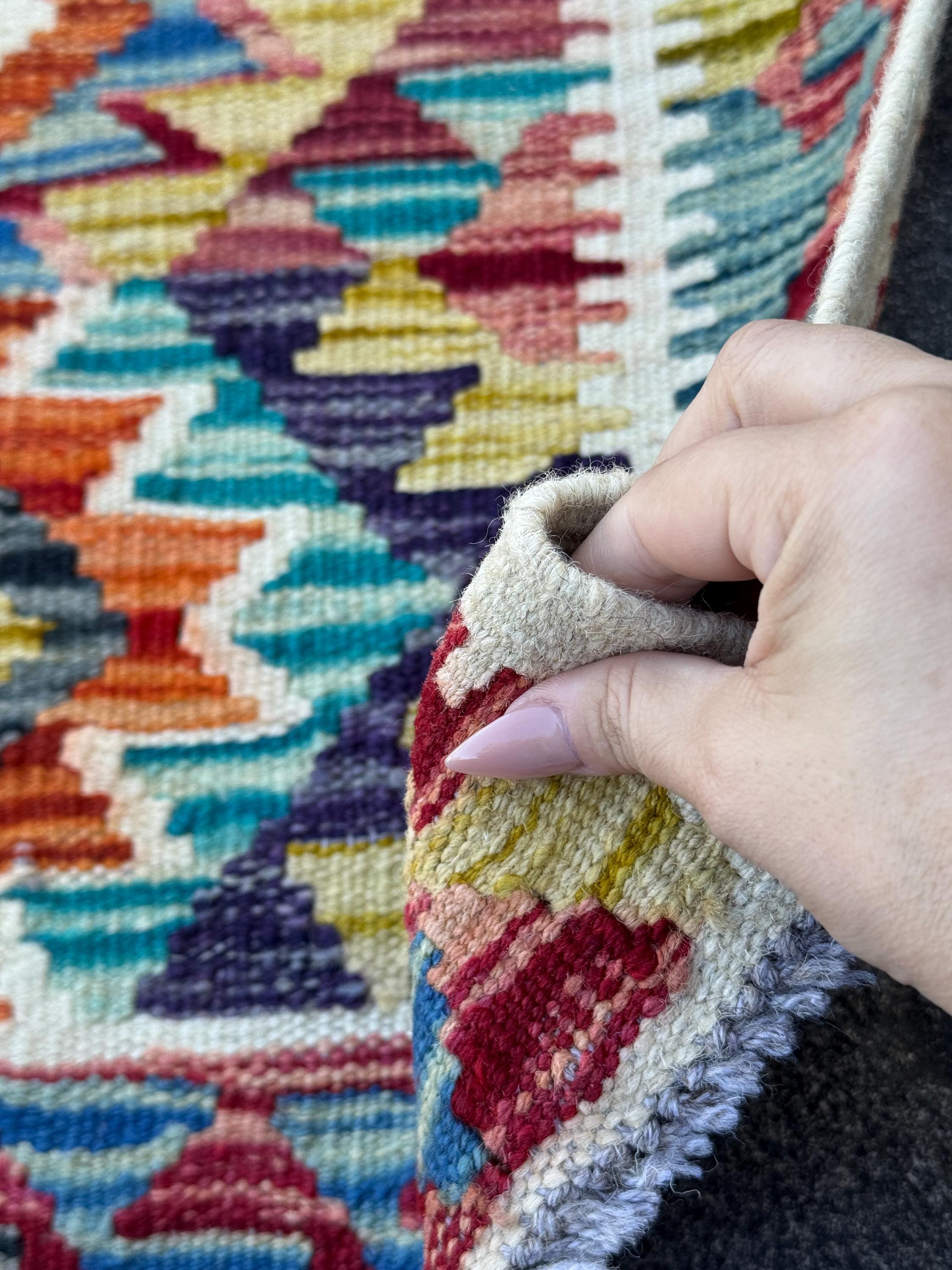 3x4 Handmade Afghan Kilim Rug | Cream White Charcoal Grey Aqua Teal Eggplant Purple Burnt Orange Rust Red Mustard Yellow | Wool Flatwoven