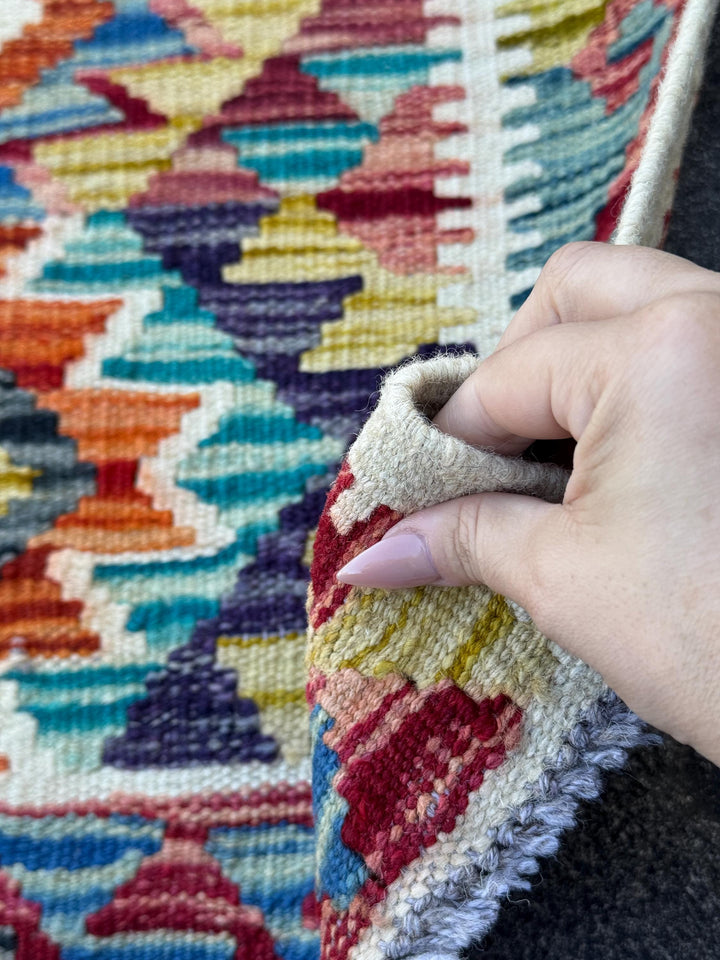 3x4 Handmade Afghan Kilim Rug | Cream White Charcoal Grey Aqua Teal Eggplant Purple Burnt Orange Rust Red Mustard Yellow | Wool Flatwoven