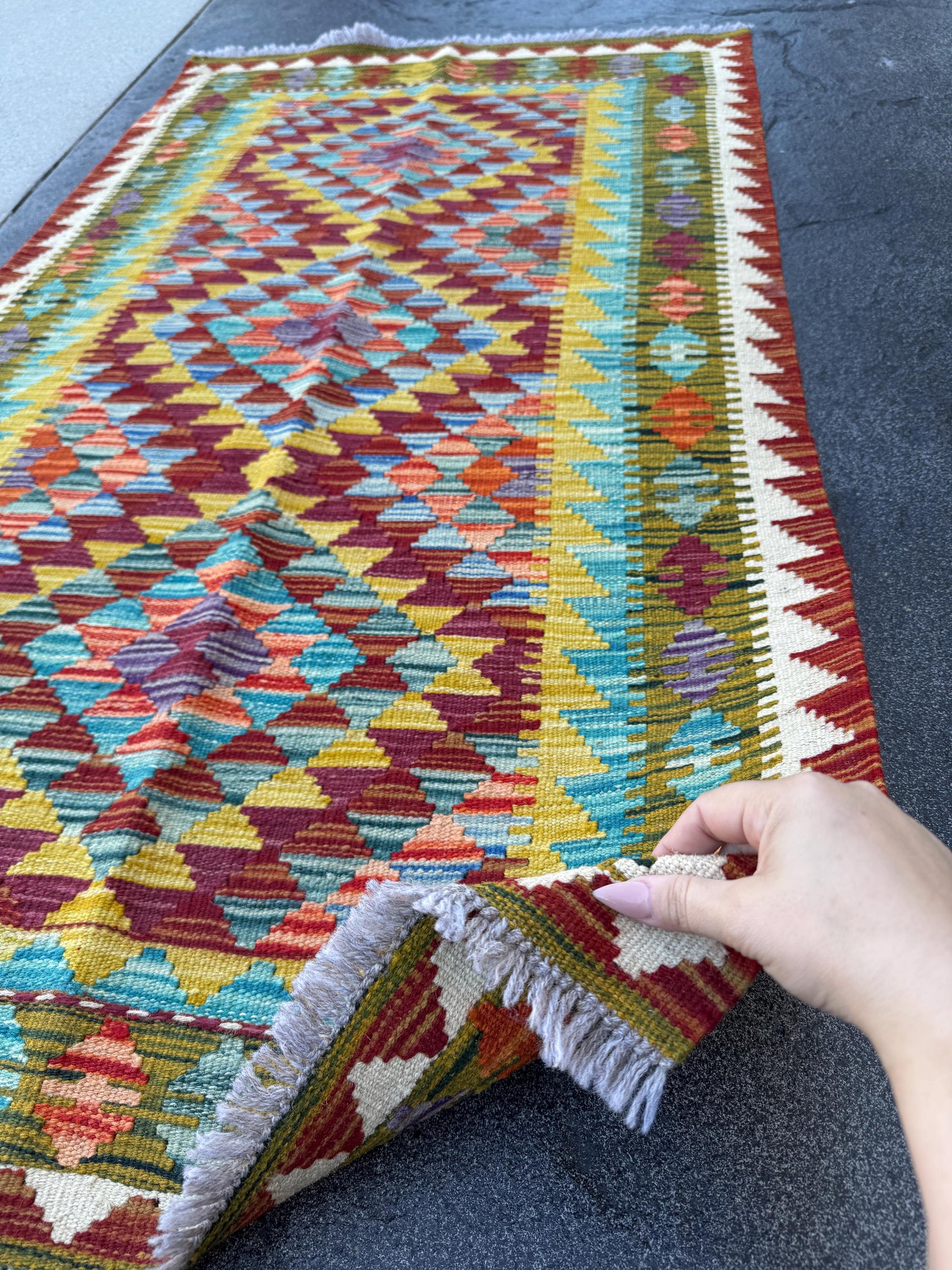 3x5 (91x152) Handmade Afghan Kilim Rug | Blood Red Chocolate Brown Mustard Yellow Aqua Teal Olive Pine Green Eggplant Purple Orange | Wool