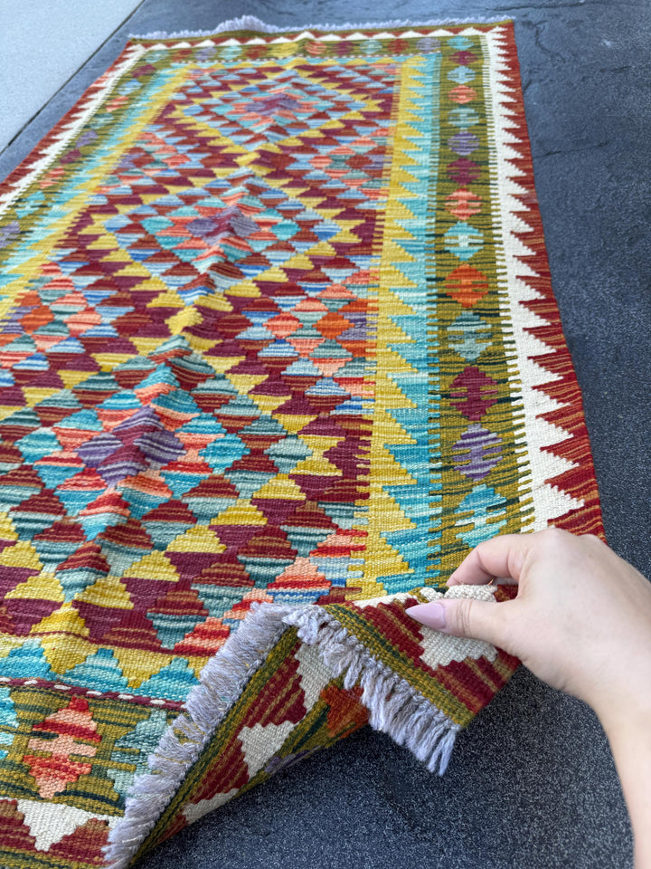 3x5 (91x152) Handmade Afghan Kilim Rug | Blood Red Chocolate Brown Mustard Yellow Aqua Teal Olive Pine Green Eggplant Purple Orange | Wool