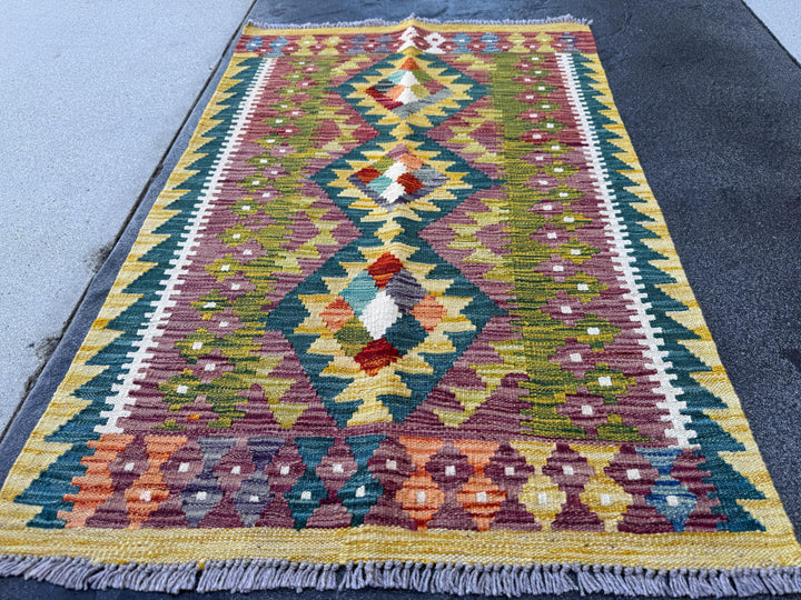 3x4 Handmade Afghan Kilim Rug | Maroon Purple Forest Olive Green Mustard Yellow Ceam White Burnt Orange Charcoal Grey Blood Red | Flatwoven