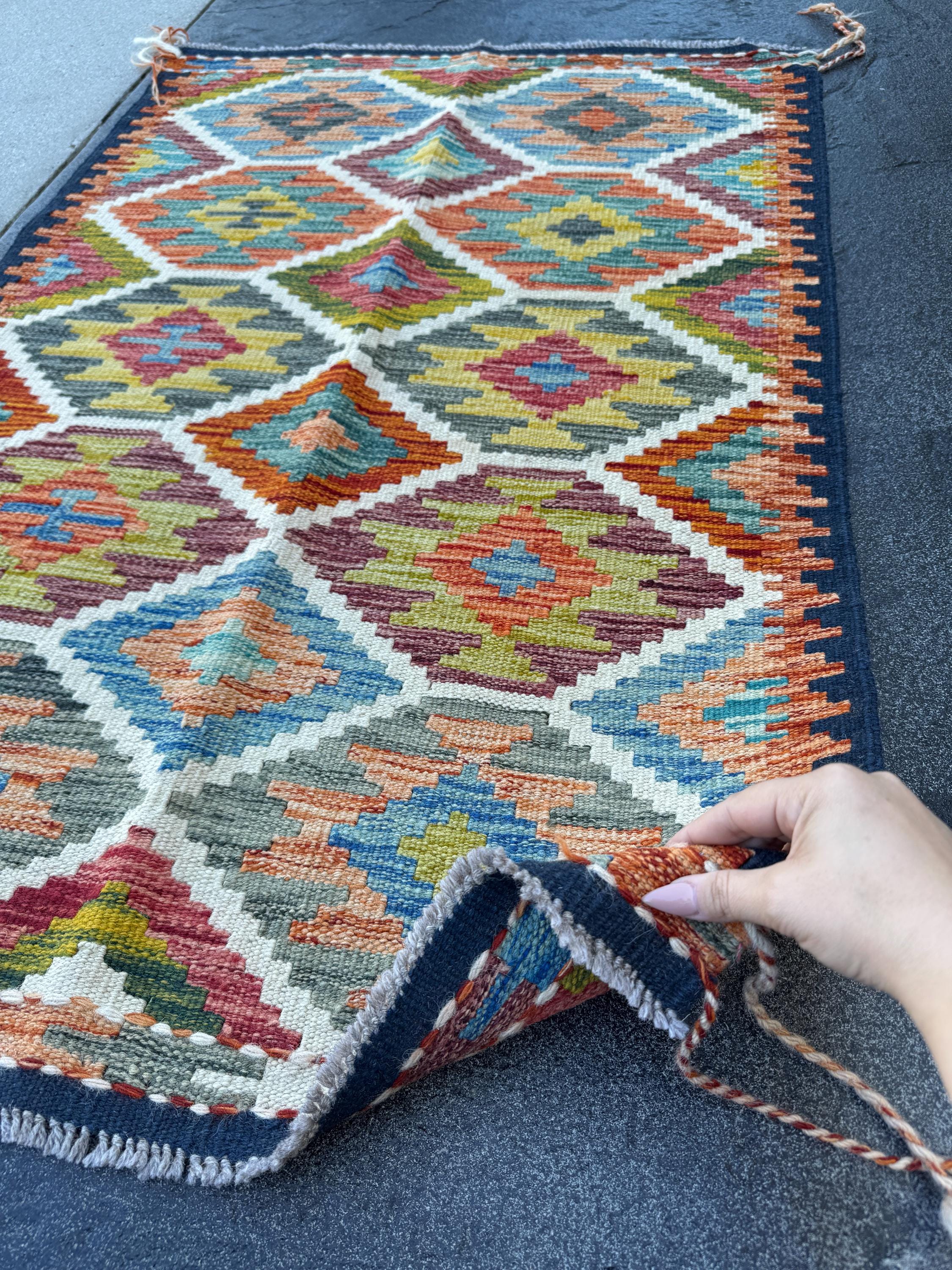 3x4 Handmade Afghan Kilim Rug | Cream White Burnt Orange Charcoal Grey Denim Blue Olive Green Maroon Purple Rust Red | Wool Flatwoven
