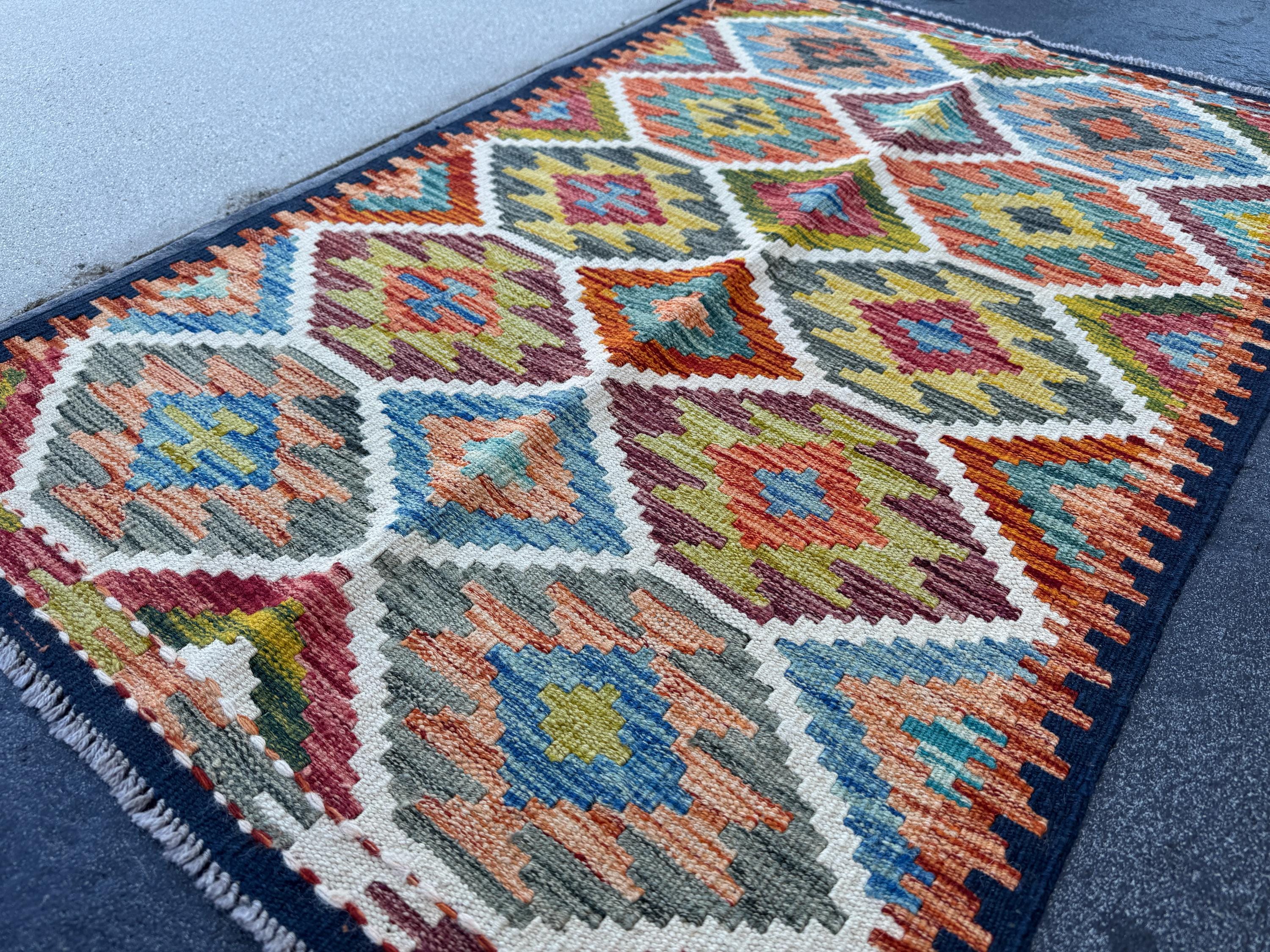 3x4 Handmade Afghan Kilim Rug | Cream White Burnt Orange Charcoal Grey Denim Blue Olive Green Maroon Purple Rust Red | Wool Flatwoven