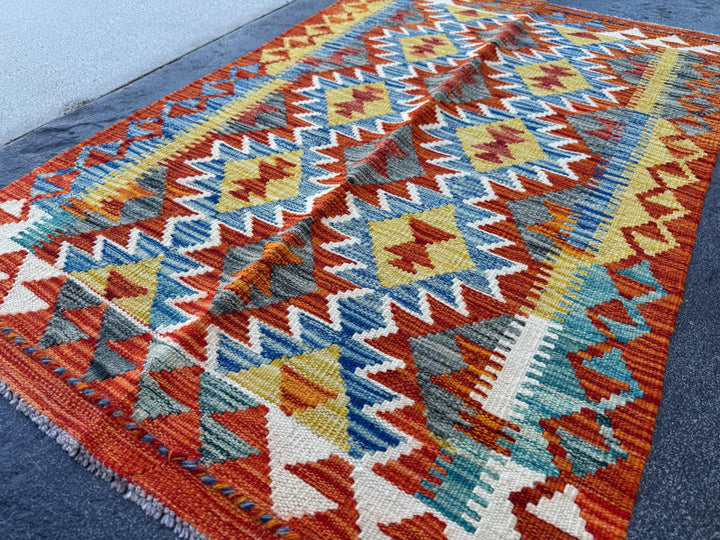 3x4 Handmade Afghan Kilim Rug | Burnt Rust Orange Denim Blue Mustard Yellow Charcoal Grey Olive Green Cream White | Wool Flatwoven