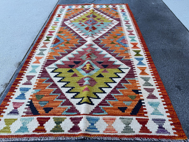 3x5 (91x152) Handmade Afghan Kilim Rug | Cream White Maroon Blood Red Aqua Teal Olive Green Black Charcoal Grey Mustard Yellow | Wool