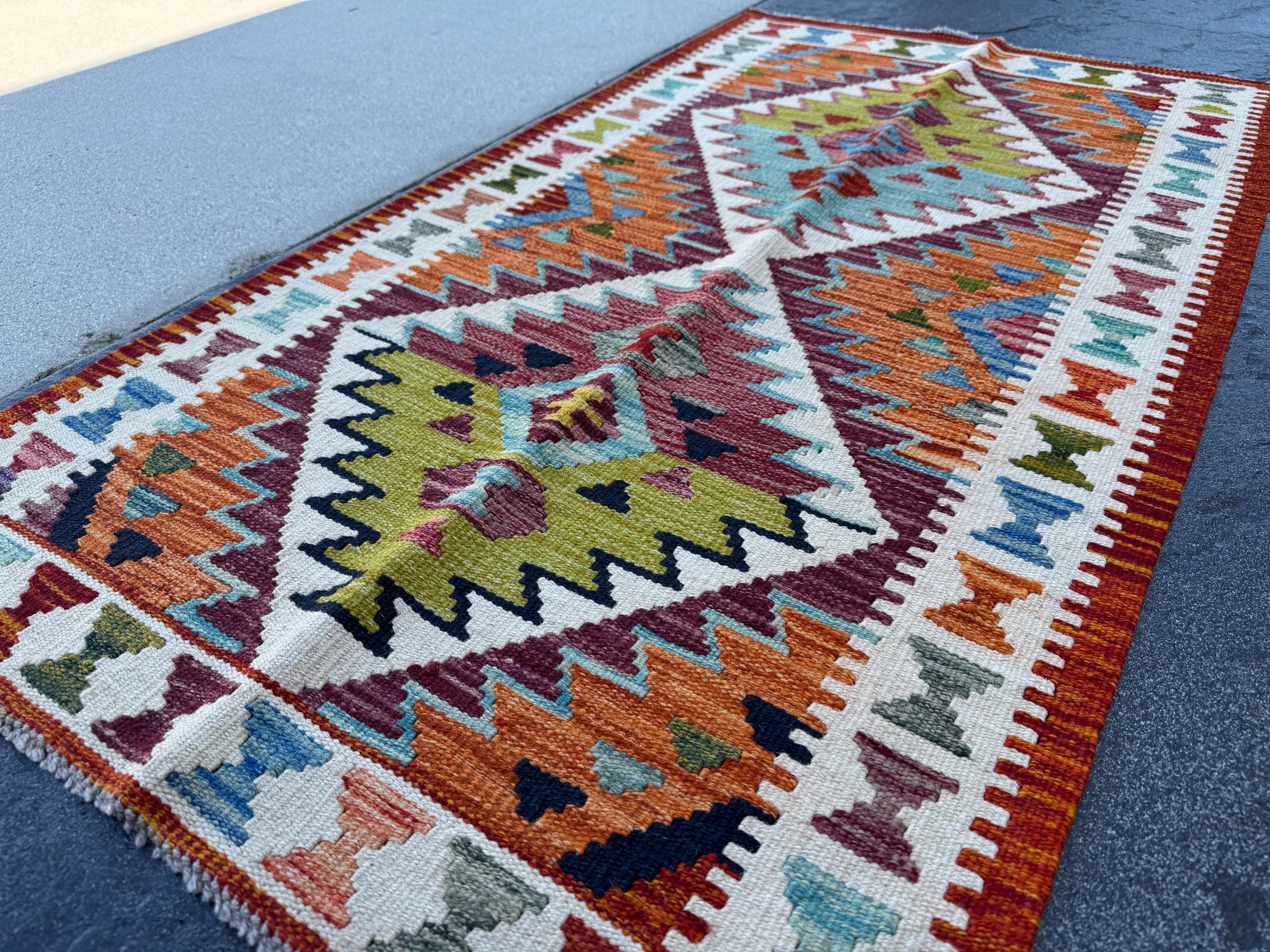 3x5 (91x152) Handmade Afghan Kilim Rug | Cream White Maroon Blood Red Aqua Teal Olive Green Black Charcoal Grey Mustard Yellow | Wool