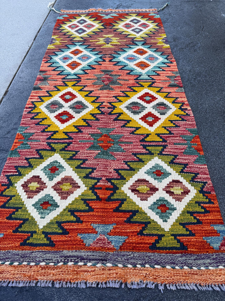 2x5 Handmade Afghan Kilim Runner Rug | Blood Rust Red Cream White Charcoal Grey Mustard Gold Yellow Denim Blue Olive Green Aqua Teal