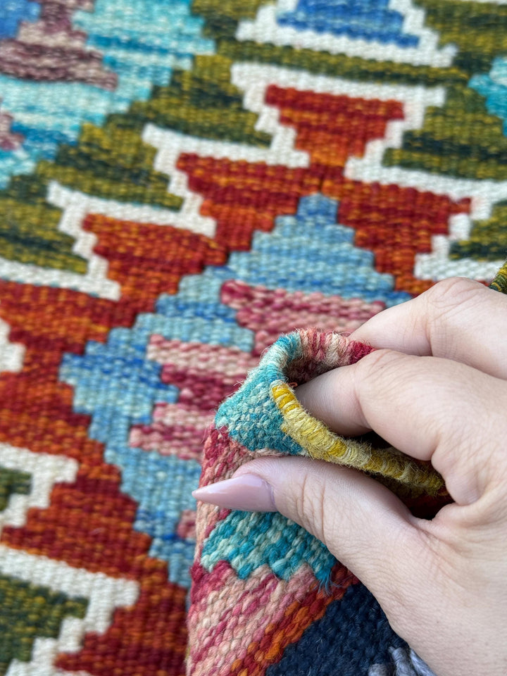 2x5 Handmade Afghan Kilim Runner Rug | Olive Green Navy Denim Blue Rust Red Cream White Mustard Yellow Maroon Teal Aqua | Wool Flatwoven