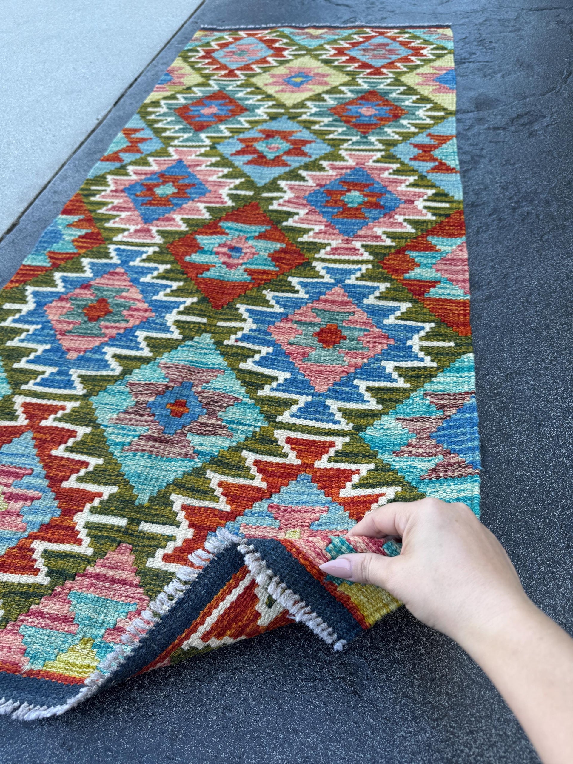 2x5 Handmade Afghan Kilim Runner Rug | Olive Green Navy Denim Blue Rust Red Cream White Mustard Yellow Maroon Teal Aqua | Wool Flatwoven