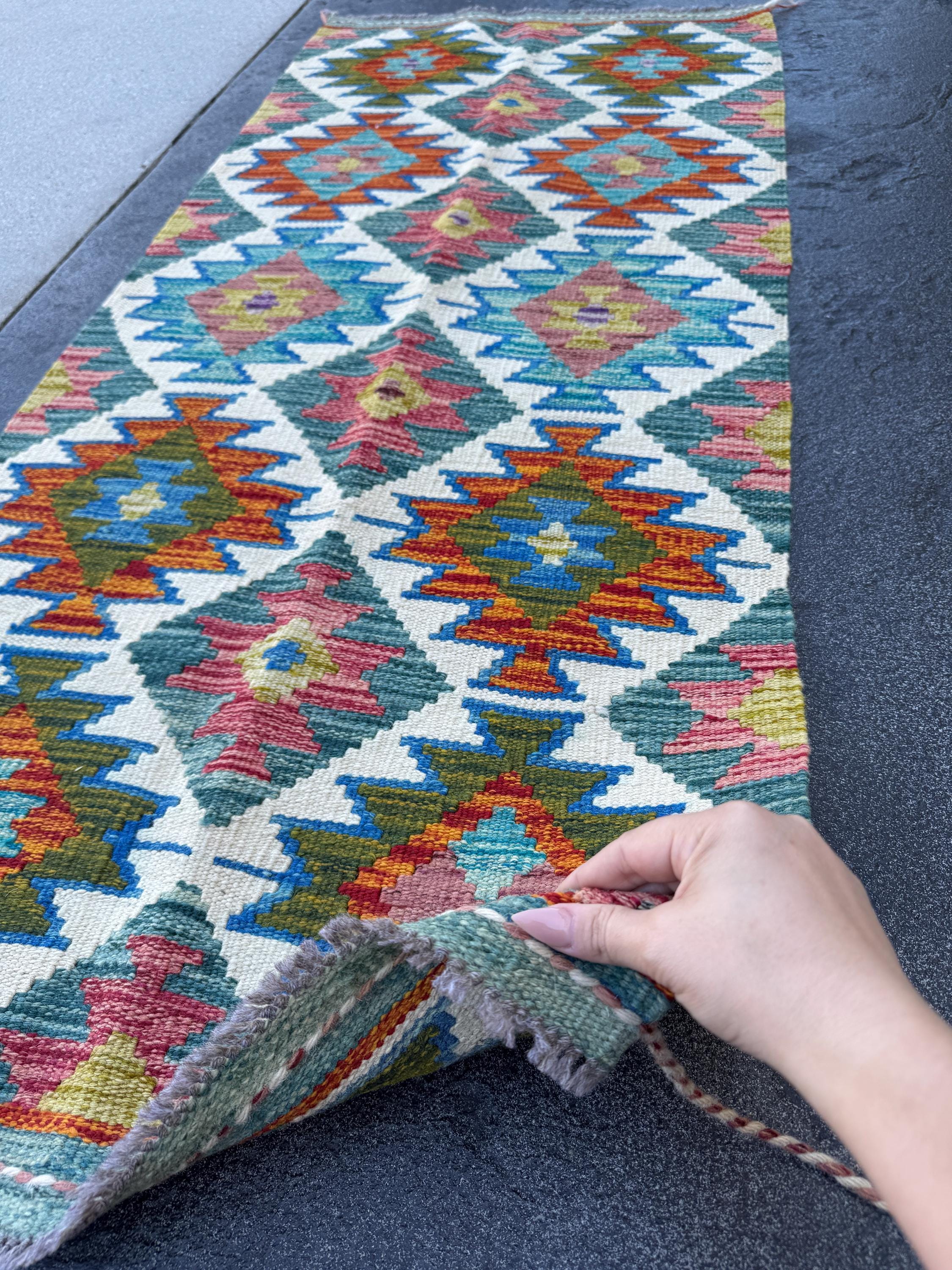 2x5 Handmade Afghan Kilim Runner Rug | Cream White Olive Forest Lime Green Teal Burnt Rust Orange Navy Blue Aqua Teal Red | Wool Flatwoven