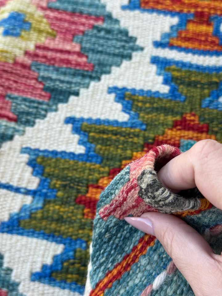 2x5 Handmade Afghan Kilim Runner Rug | Cream White Olive Forest Lime Green Teal Burnt Rust Orange Navy Blue Aqua Teal Red | Wool Flatwoven