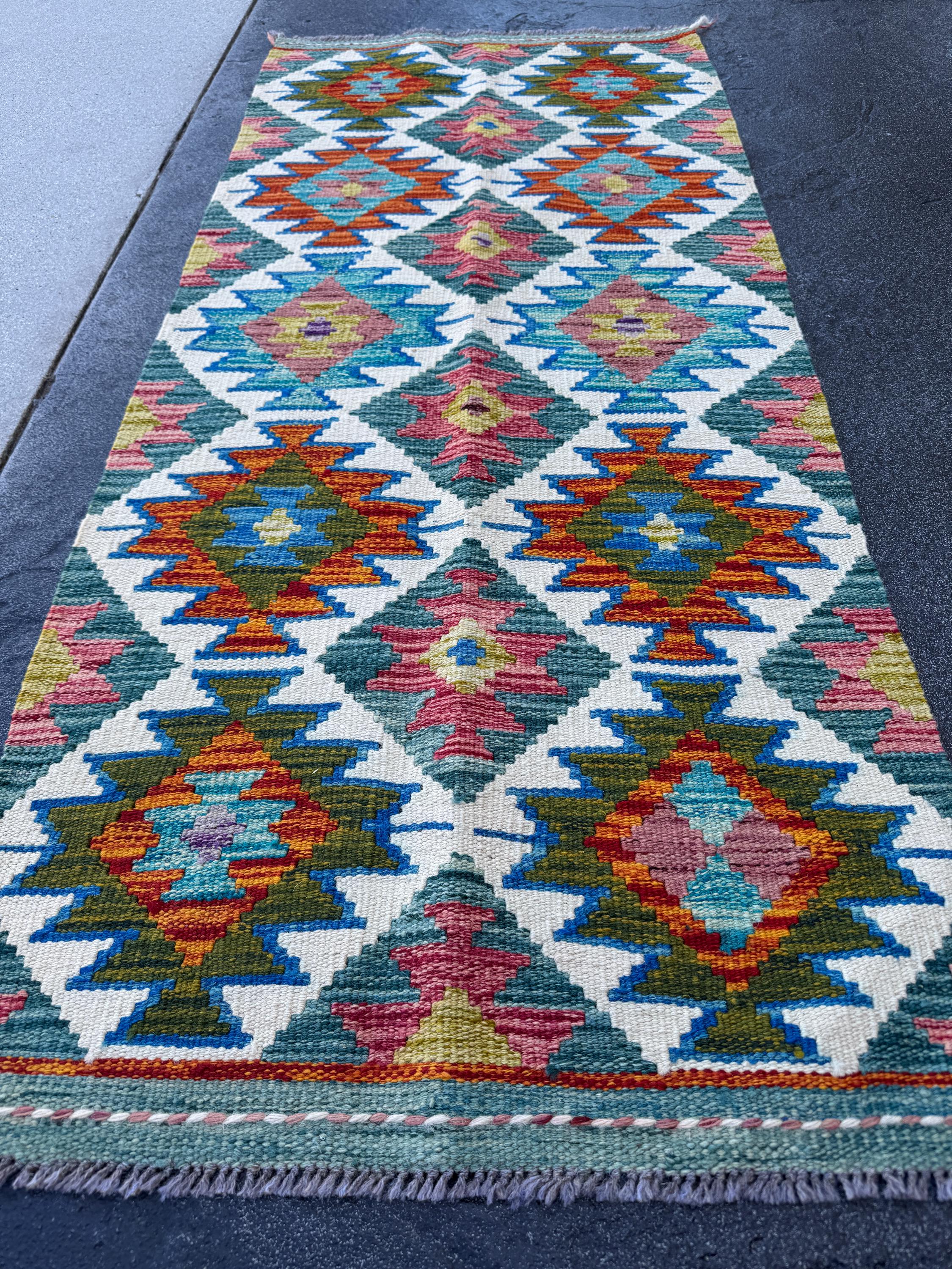 2x5 Handmade Afghan Kilim Runner Rug | Cream White Olive Forest Lime Green Teal Burnt Rust Orange Navy Blue Aqua Teal Red | Wool Flatwoven