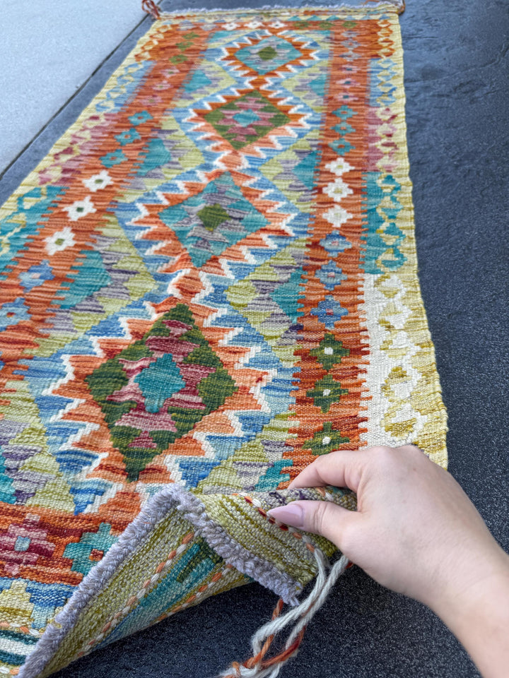 2x5 Handmade Afghan Kilim Runner Rug | Burnt Orange Denim Navy Blue Olive Forest Green Cream White Grey Maroon Teal Aqua Turquiose| Wool