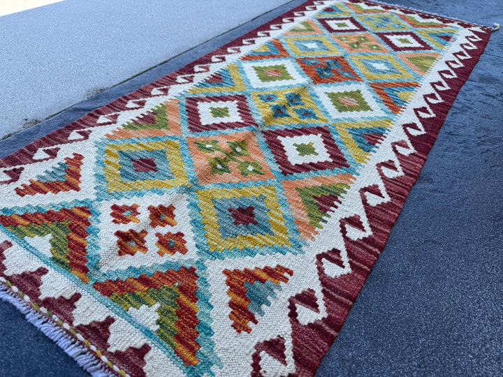 2x5 Handmade Afghan Kilim Runner Rug | Cream White Maroon Blood Red Aqua Teal Burnt Orange Olive Green Grey | Wool Flatwoven