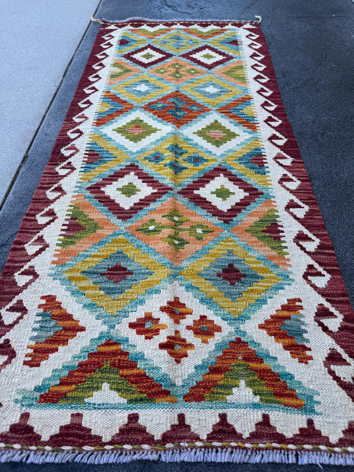 2x5 Handmade Afghan Kilim Runner Rug | Cream White Maroon Blood Red Aqua Teal Burnt Orange Olive Green Grey | Wool Flatwoven