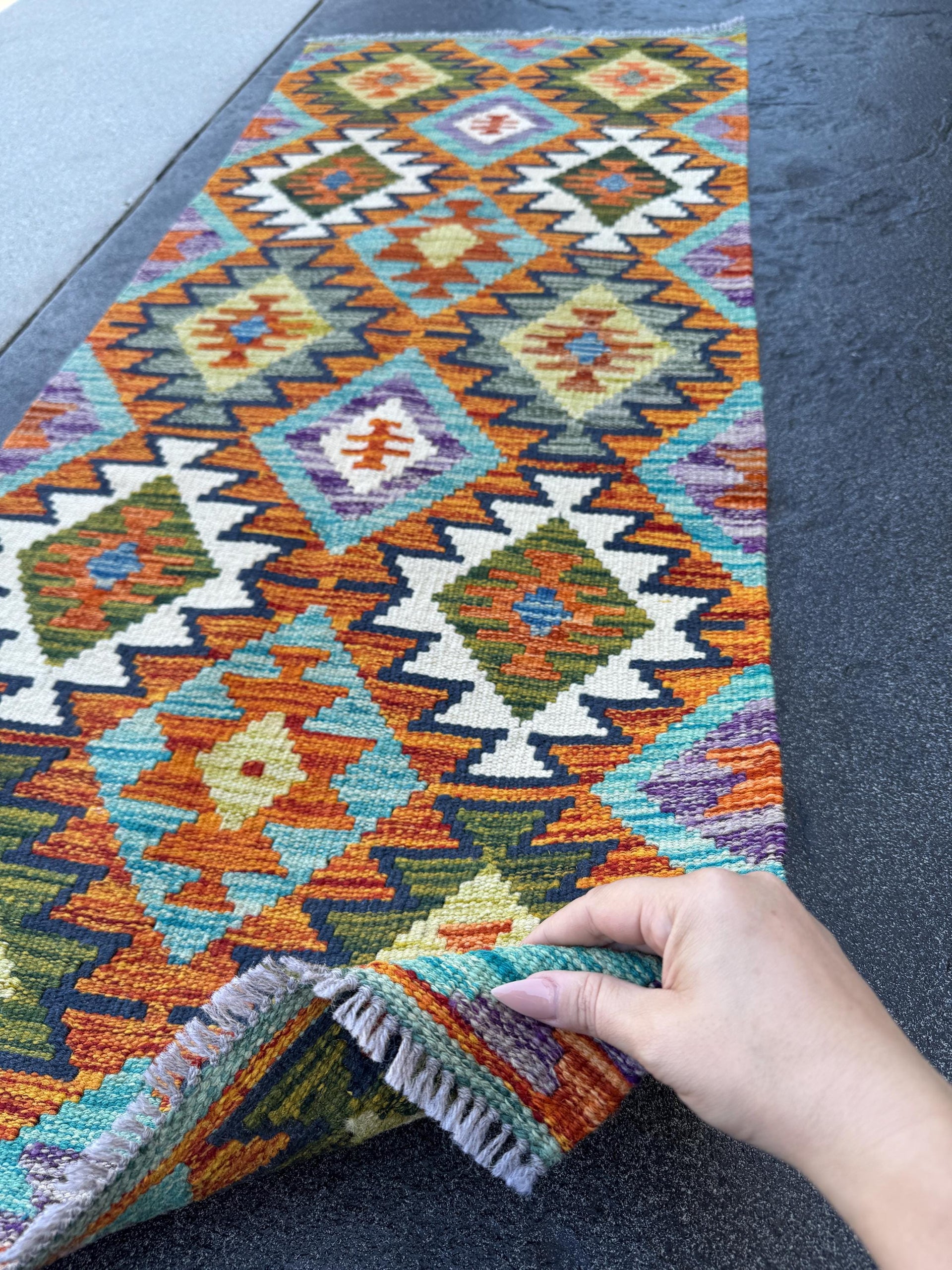 2x5 Handmade Afghan Kilim Runner Rug | Burnt Orange Aqua Teal Olive Green Black Cream White Purple Charcoal Grey Denim Blue Mustard | Wool