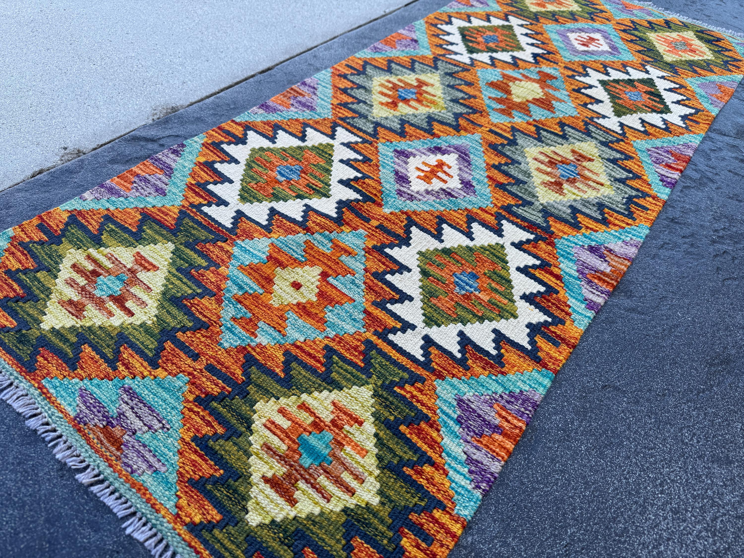 2x5 Handmade Afghan Kilim Runner Rug | Burnt Orange Aqua Teal Olive Green Black Cream White Purple Charcoal Grey Denim Blue Mustard | Wool