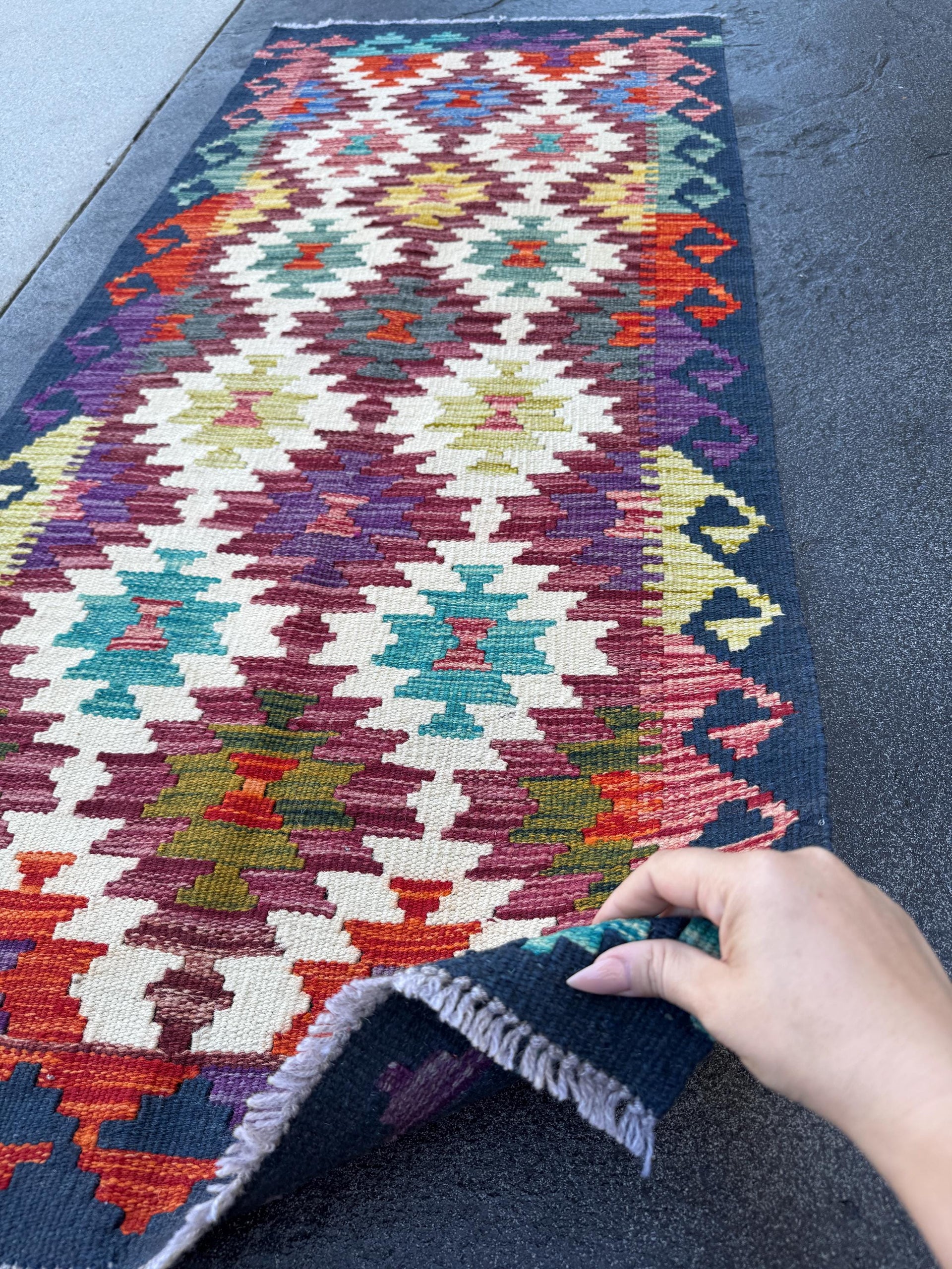 2x5 Handmade Afghan Kilim Runner Rug | Maroon Cream White Eggplant Purple Aqua Teal Lime Olive Green Blood Red Midnight Blue | Flatwoven