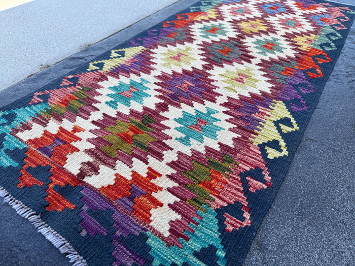 2x5 Handmade Afghan Kilim Runner Rug | Maroon Cream White Eggplant Purple Aqua Teal Lime Olive Green Blood Red Midnight Blue | Flatwoven