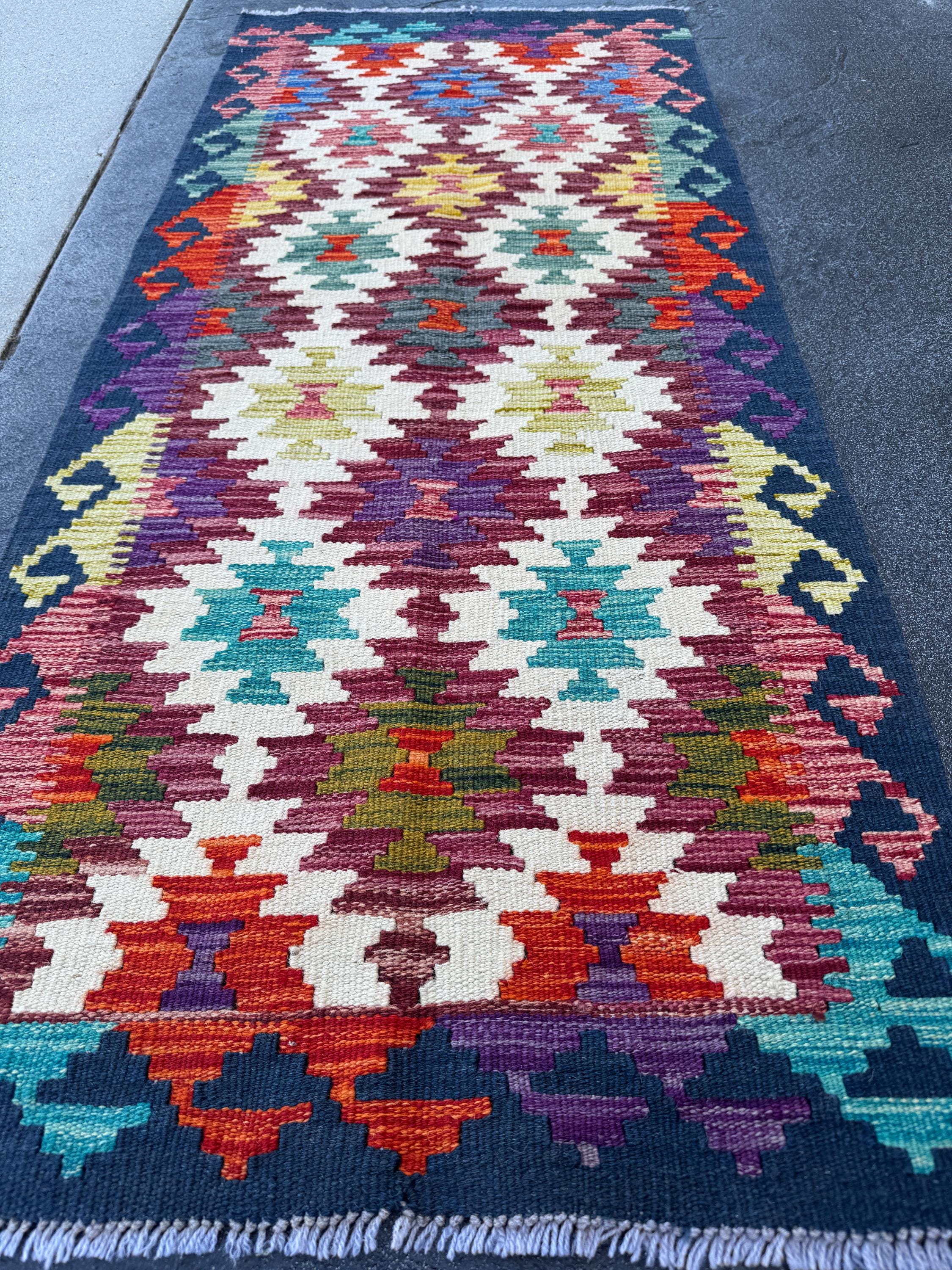 2x5 Handmade Afghan Kilim Runner Rug | Maroon Cream White Eggplant Purple Aqua Teal Lime Olive Green Blood Red Midnight Blue | Flatwoven