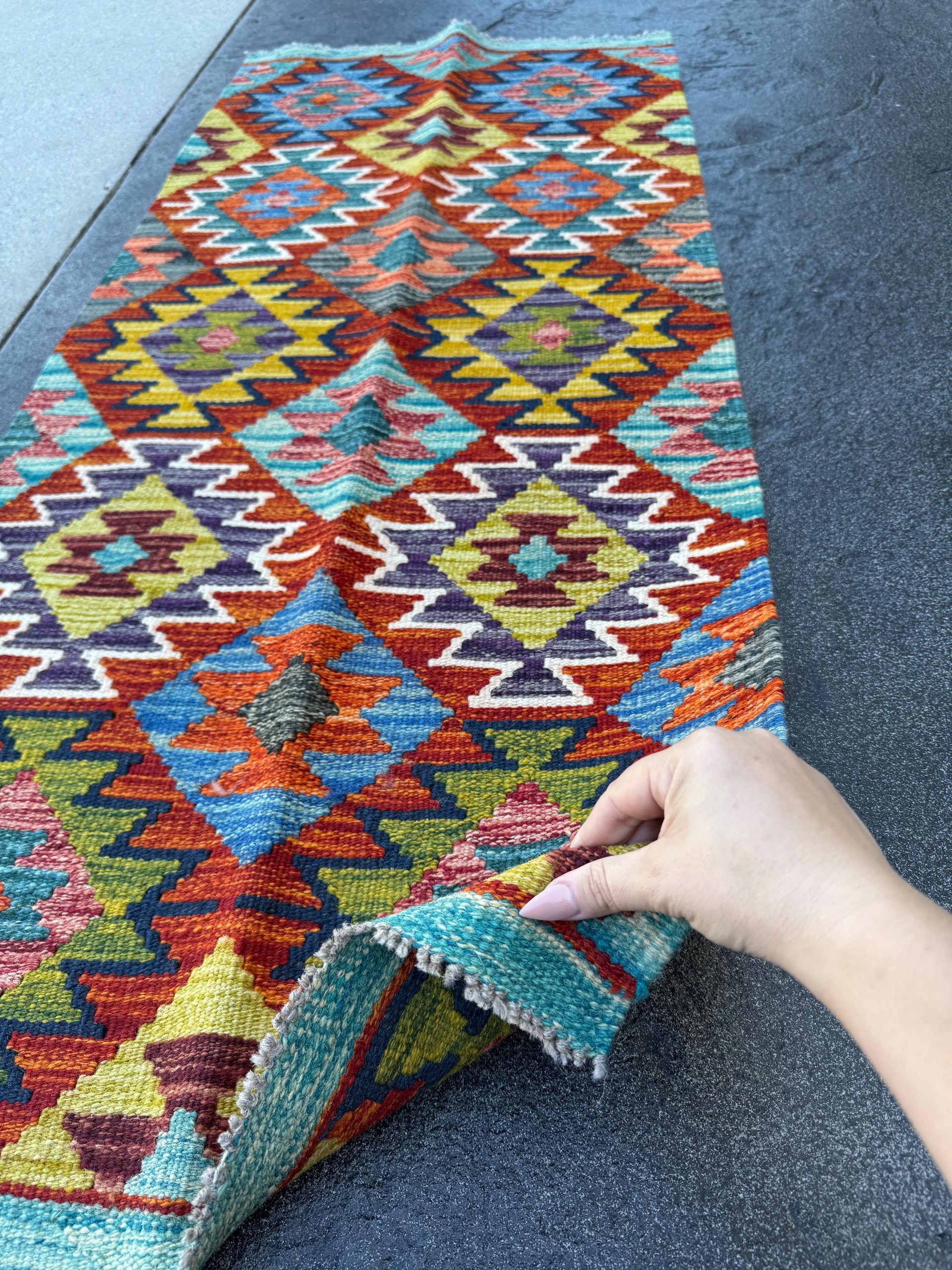 2x5 Handmade Afghan Kilim Runner Rug | Rust Orange Eggplant Purple Denim Blue Olive Lime Green Black Cream White Mustard Yellow Maroon Grey