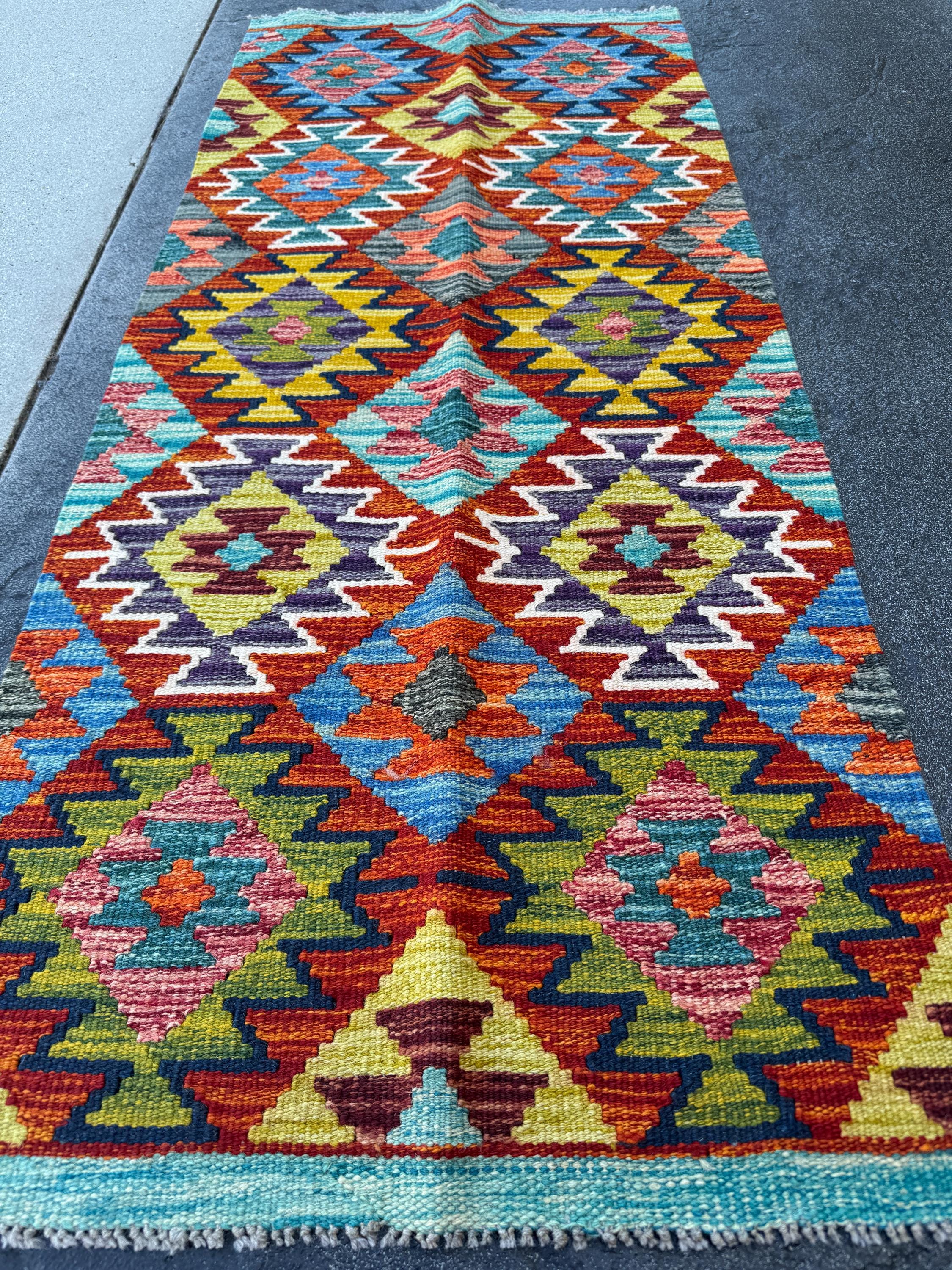 2x5 Handmade Afghan Kilim Runner Rug | Rust Orange Eggplant Purple Denim Blue Olive Lime Green Black Cream White Mustard Yellow Maroon Grey