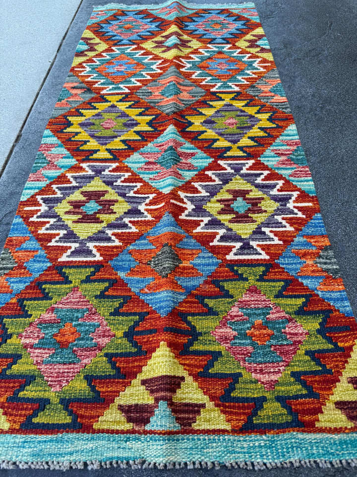 2x5 Handmade Afghan Kilim Runner Rug | Rust Orange Eggplant Purple Denim Blue Olive Lime Green Black Cream White Mustard Yellow Maroon Grey