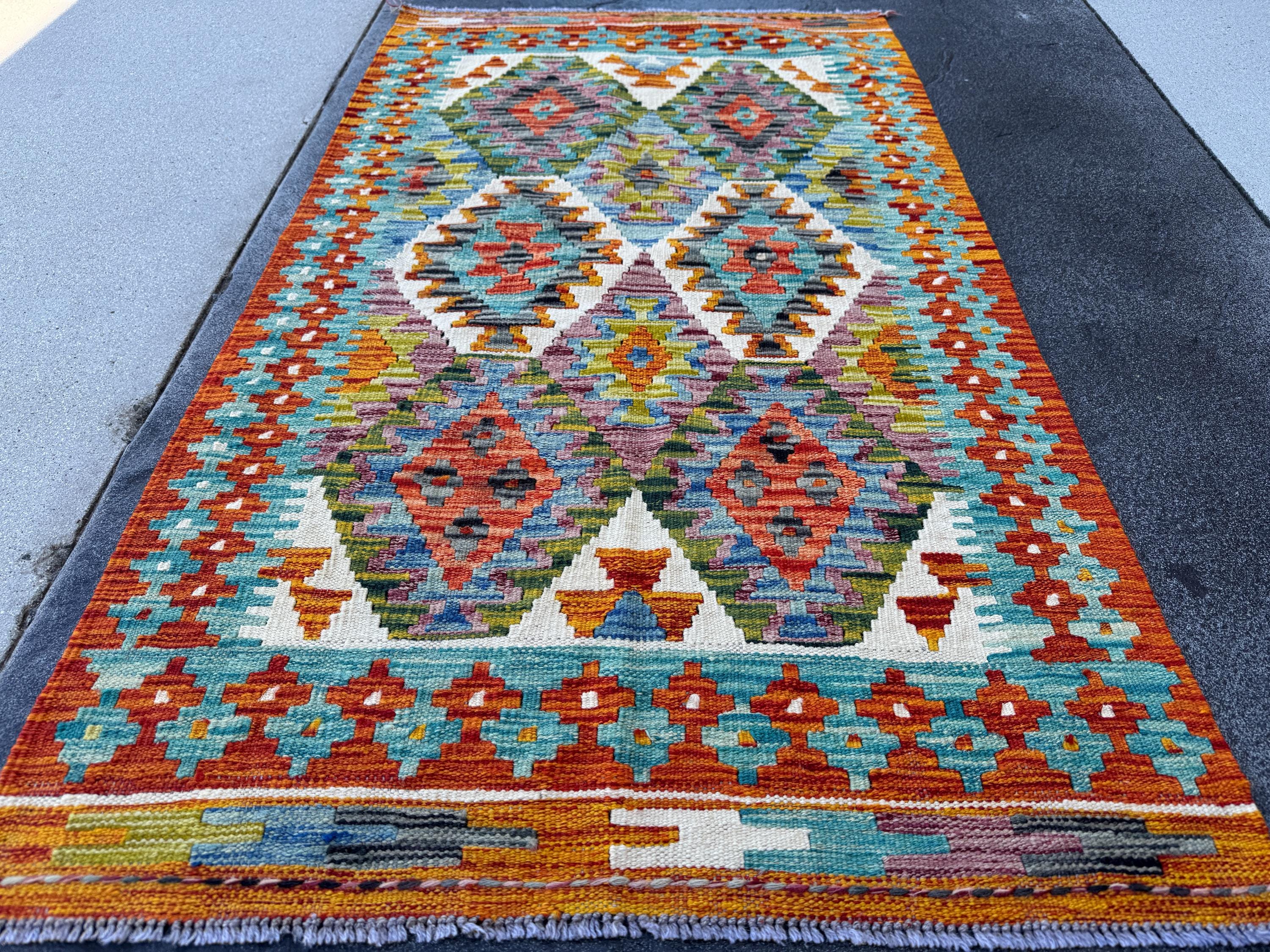 3x5 (91x152) Handmade Afghan Kilim Rug | Teal Rust Orange Denim Blue Olive Forest Green Cream White Purple Charcoal Grey | Wool Flatwoven