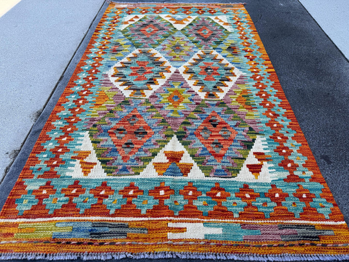 3x5 (91x152) Handmade Afghan Kilim Rug | Teal Rust Orange Denim Blue Olive Forest Green Cream White Purple Charcoal Grey | Wool Flatwoven