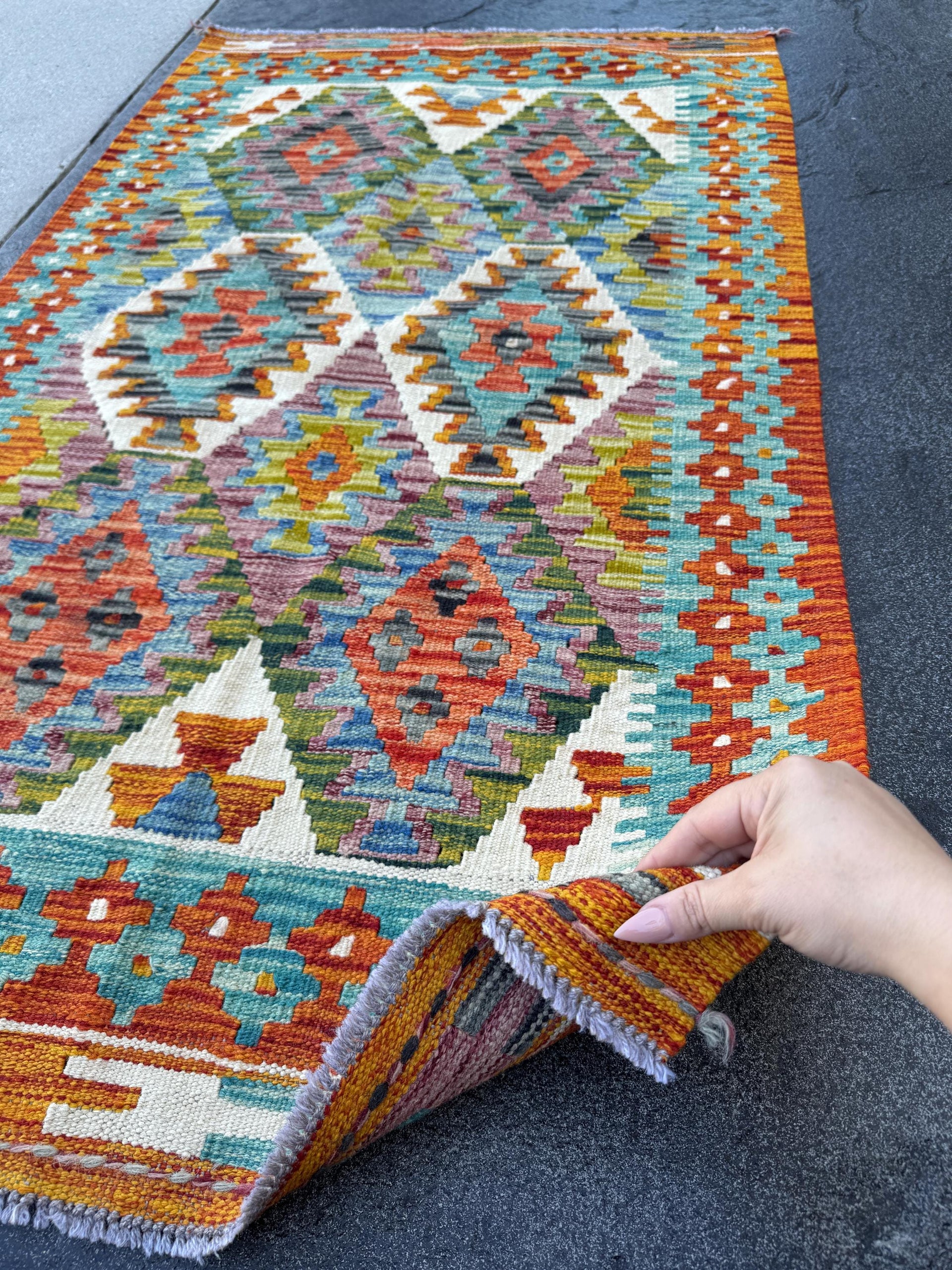 3x5 (91x152) Handmade Afghan Kilim Rug | Teal Rust Orange Denim Blue Olive Forest Green Cream White Purple Charcoal Grey | Wool Flatwoven