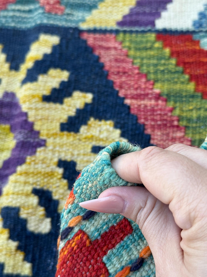2x5 Handmade Afghan Kilim Runner Rug | Teal Eggplant Purple Midnight Blue Olive Forest Green Orange Cream White Blood Red Mustard Yellow