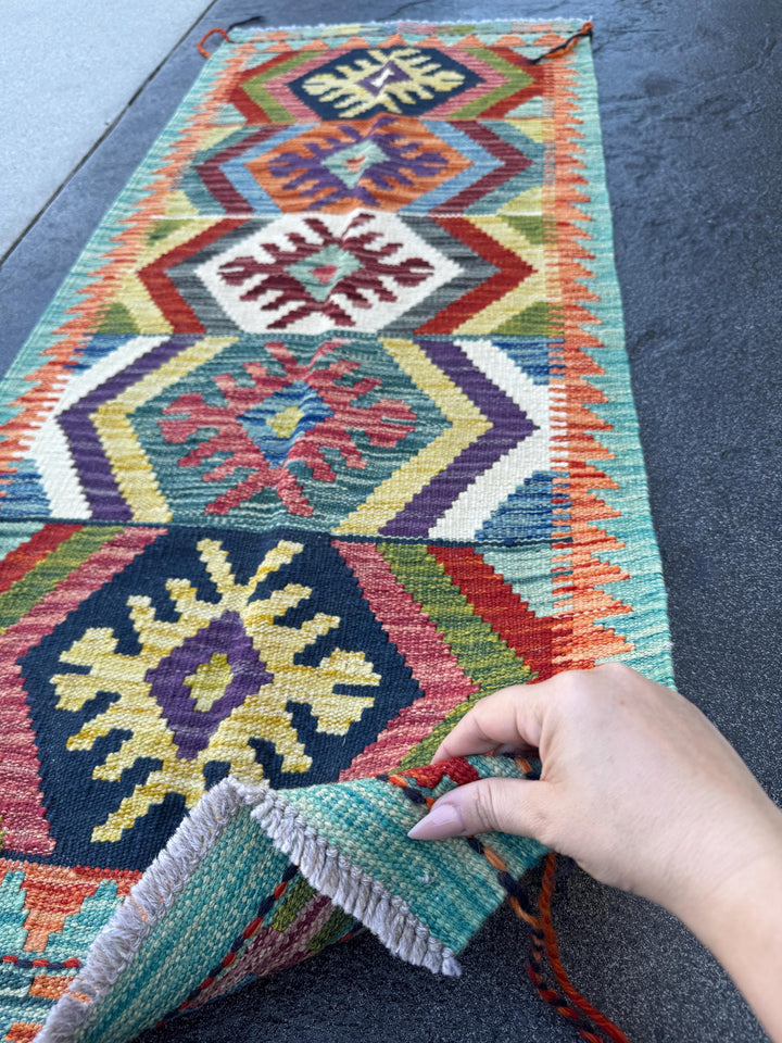 2x5 Handmade Afghan Kilim Runner Rug | Teal Eggplant Purple Midnight Blue Olive Forest Green Orange Cream White Blood Red Mustard Yellow
