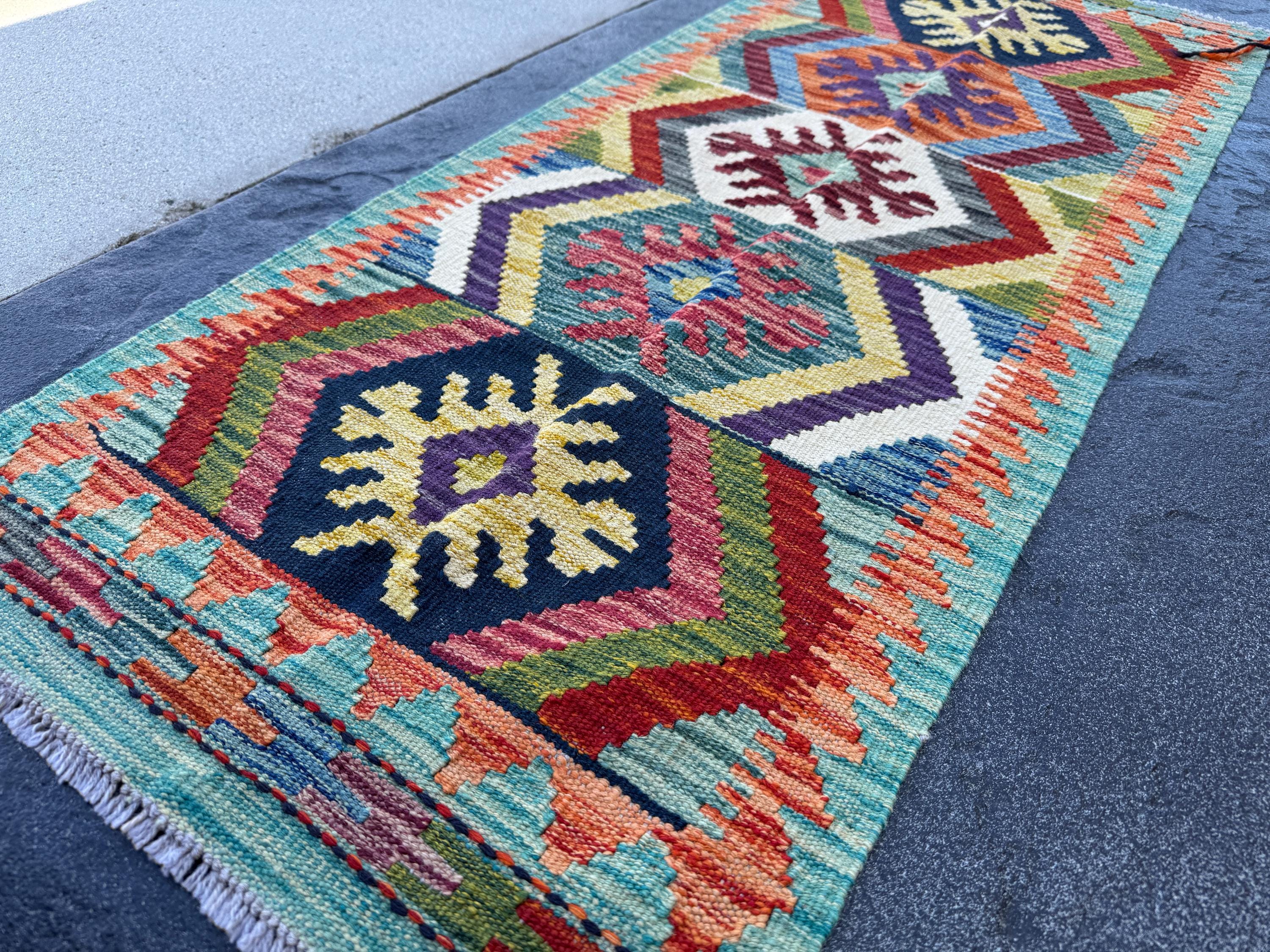 2x5 Handmade Afghan Kilim Runner Rug | Teal Eggplant Purple Midnight Blue Olive Forest Green Orange Cream White Blood Red Mustard Yellow
