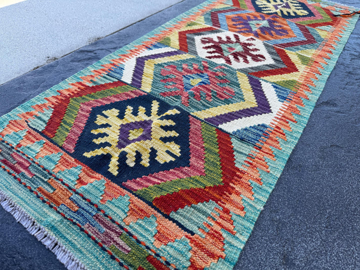 2x5 Handmade Afghan Kilim Runner Rug | Teal Eggplant Purple Midnight Blue Olive Forest Green Orange Cream White Blood Red Mustard Yellow