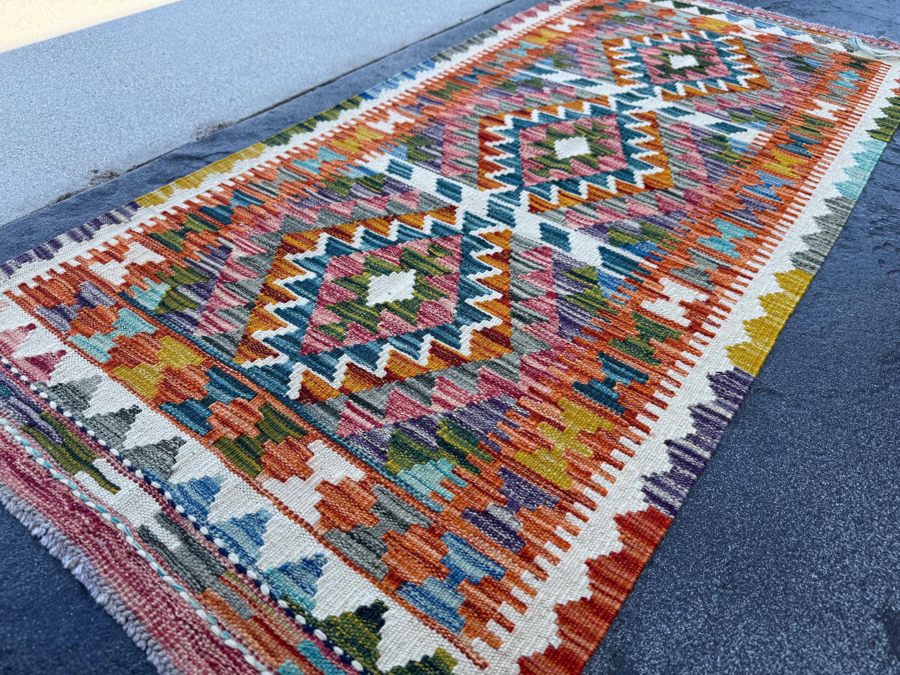 2x5 Handmade Afghan Kilim Runner Rug | Burnt Orange Cream White Charcoal Grey Aqua Teal Red Mustard Gold Purple Olive Forest Green Blue