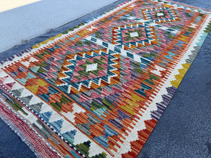 2x5 Handmade Afghan Kilim Runner Rug | Burnt Orange Cream White Charcoal Grey Aqua Teal Red Mustard Gold Purple Olive Forest Green Blue