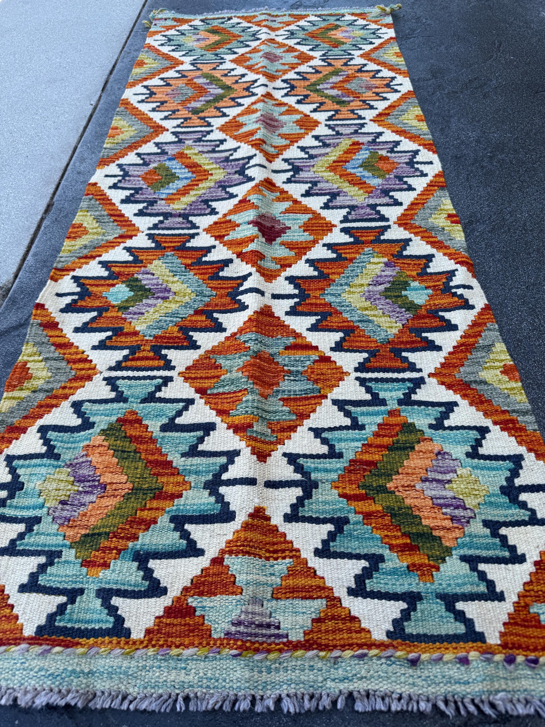 2x5 Handmade Afghan Kilim Runner Rug | Cream White Burnt Orange Black Aqua Teal Olive Moss Lime Green Purple Charcoal Grey | Wool Flatwoven