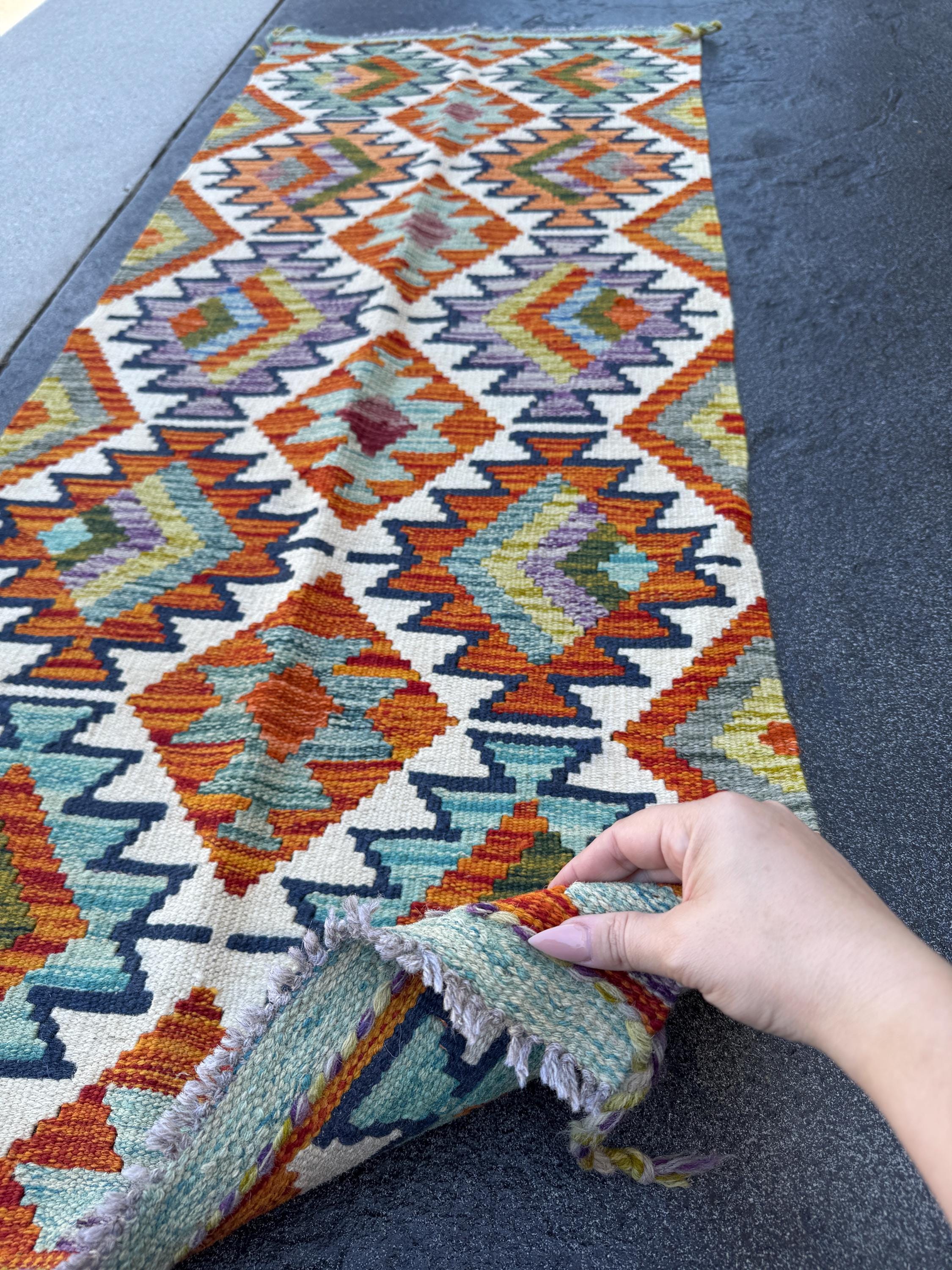2x5 Handmade Afghan Kilim Runner Rug | Cream White Burnt Orange Black Aqua Teal Olive Moss Lime Green Purple Charcoal Grey | Wool Flatwoven