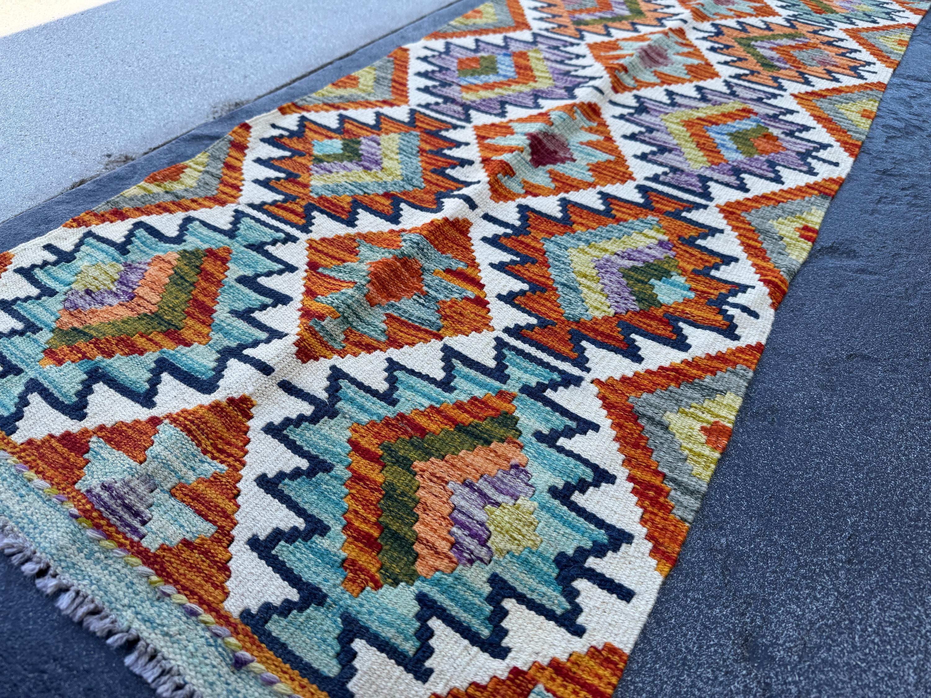2x5 Handmade Afghan Kilim Runner Rug | Cream White Burnt Orange Black Aqua Teal Olive Moss Lime Green Purple Charcoal Grey | Wool Flatwoven