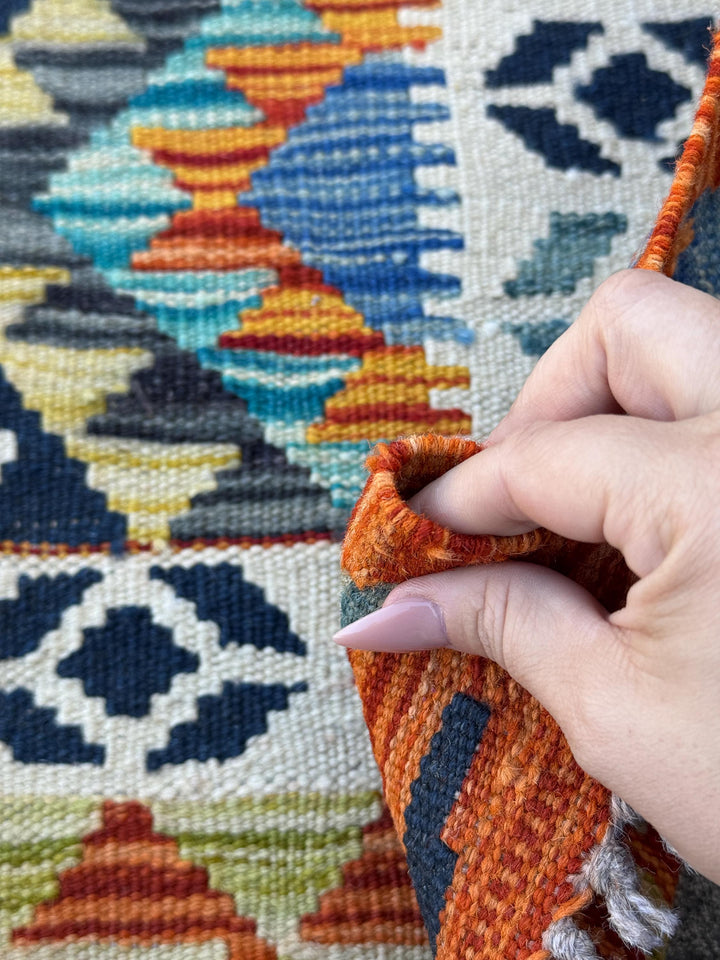3x4 Handmade Afghan Kilim Rug | Cream White Black Teal Aqua Mustard Yellow Denim Blue Burnt Orange Charcoal Grey Lime Green | Wool Flatwoven