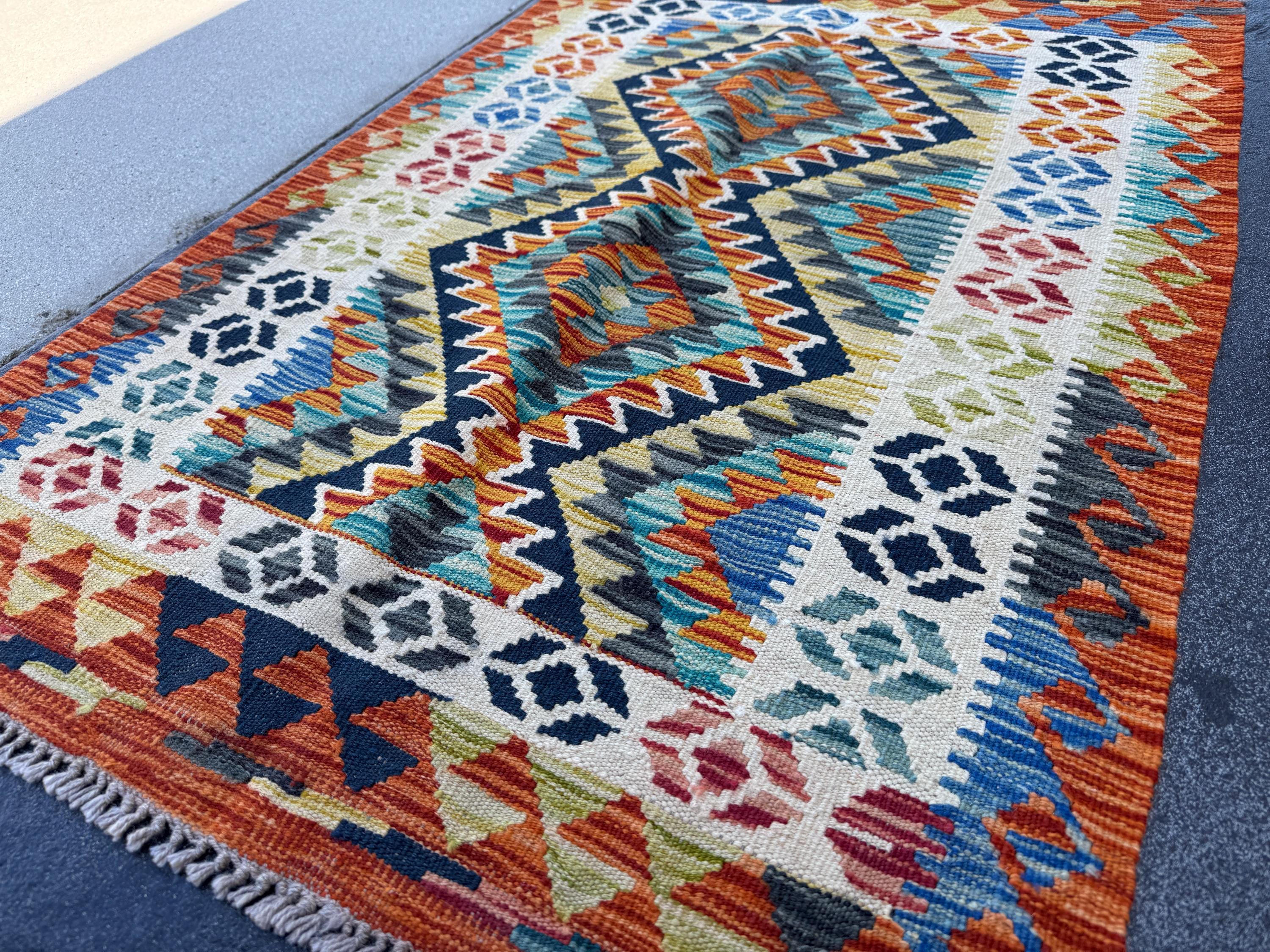 3x4 Handmade Afghan Kilim Rug | Cream White Black Teal Aqua Mustard Yellow Denim Blue Burnt Orange Charcoal Grey Lime Green | Wool Flatwoven