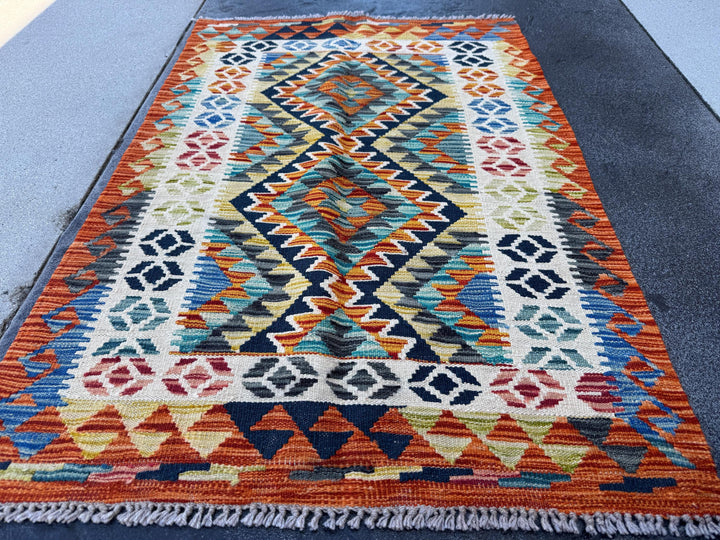 3x4 Handmade Afghan Kilim Rug | Cream White Black Teal Aqua Mustard Yellow Denim Blue Burnt Orange Charcoal Grey Lime Green | Wool Flatwoven