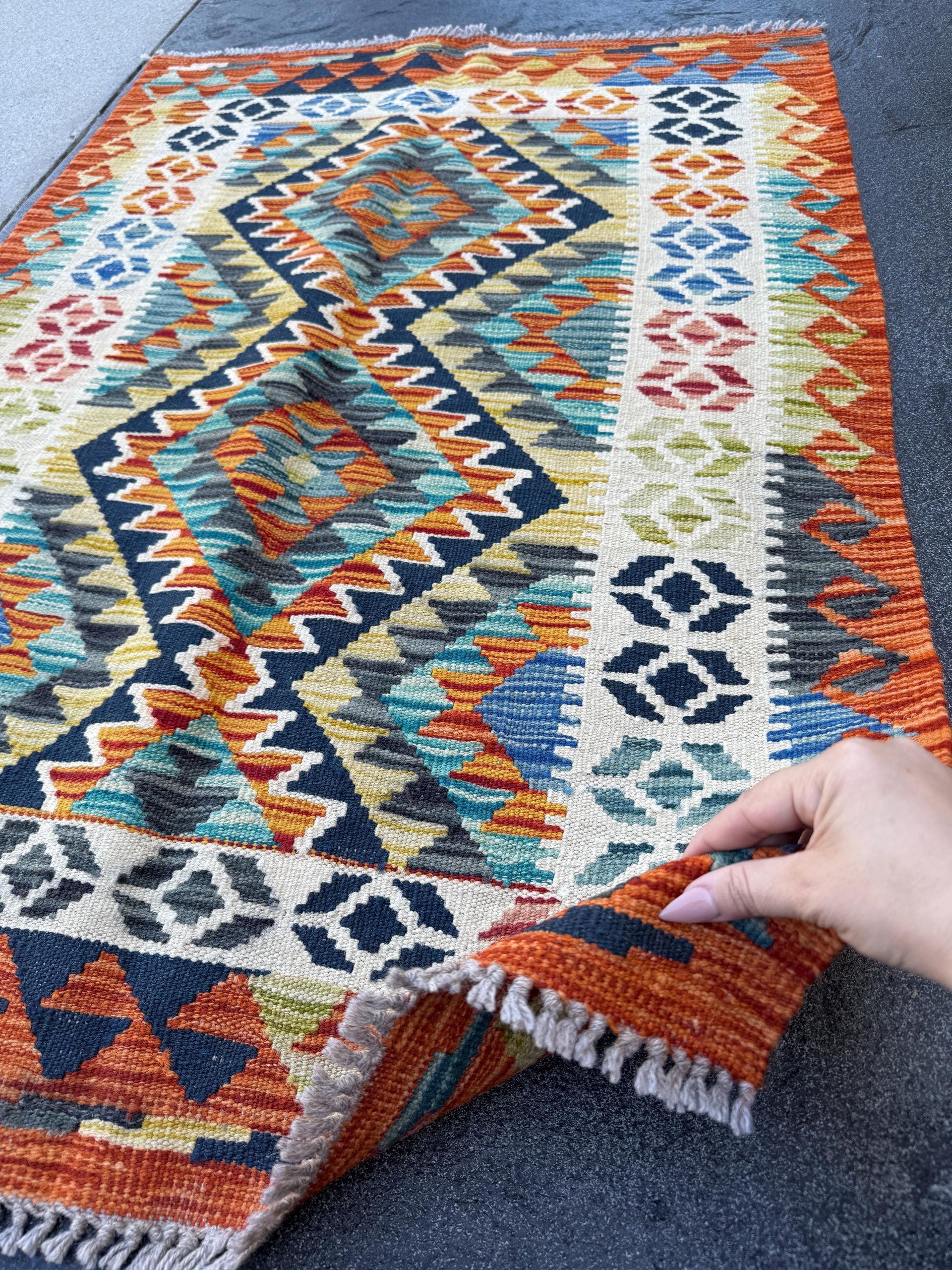 3x4 Handmade Afghan Kilim Rug | Cream White Black Teal Aqua Mustard Yellow Denim Blue Burnt Orange Charcoal Grey Lime Green | Wool Flatwoven