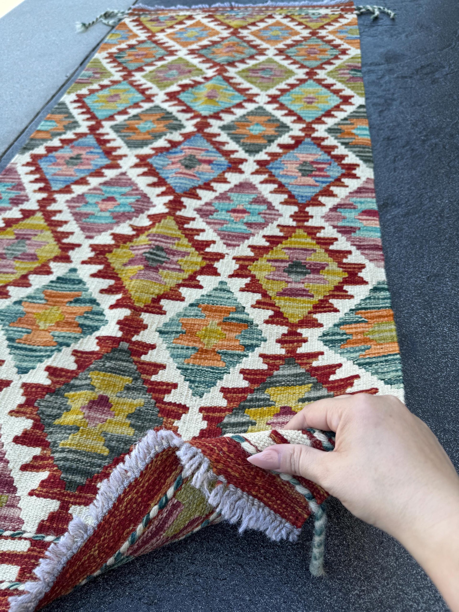 2x5 Handmade Afghan Kilim Runner Rug | Cream White Blood Red Teal Charcoal Grey Orange Olive Green Maroon Aqua Teal Denim Blue | Flatwoven