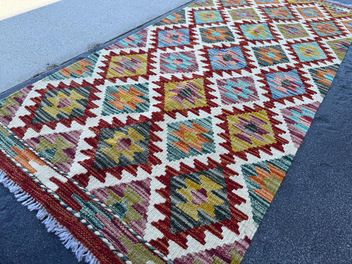 2x5 Handmade Afghan Kilim Runner Rug | Cream White Blood Red Teal Charcoal Grey Orange Olive Green Maroon Aqua Teal Denim Blue | Flatwoven