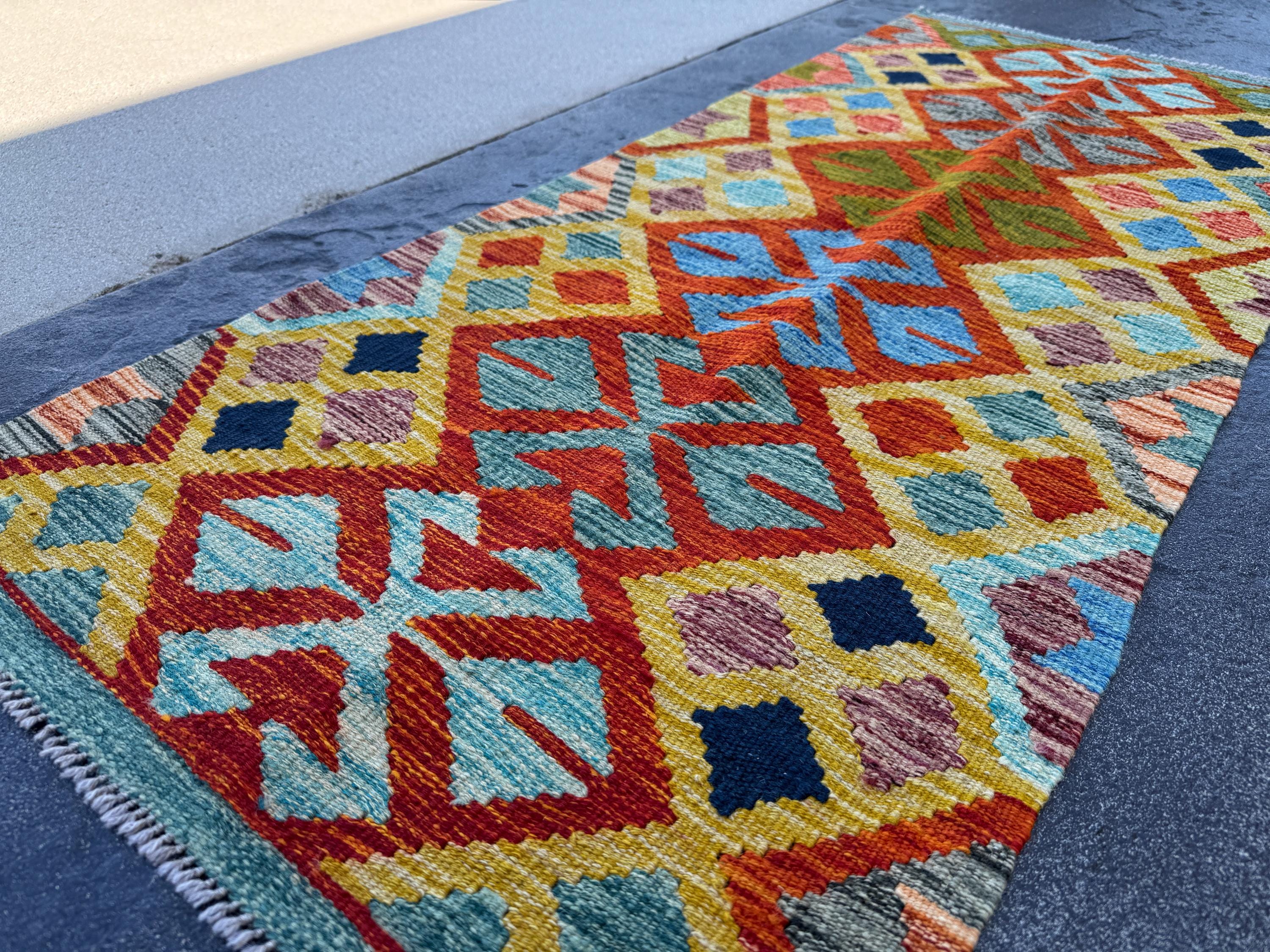 2x5 Handmade Afghan Kilim Runner Rug | Burnt Orange Mustard Yellow Teal Denim Midnight Blue Aqua Chocolate Brown Grey | Wool Flatwoven