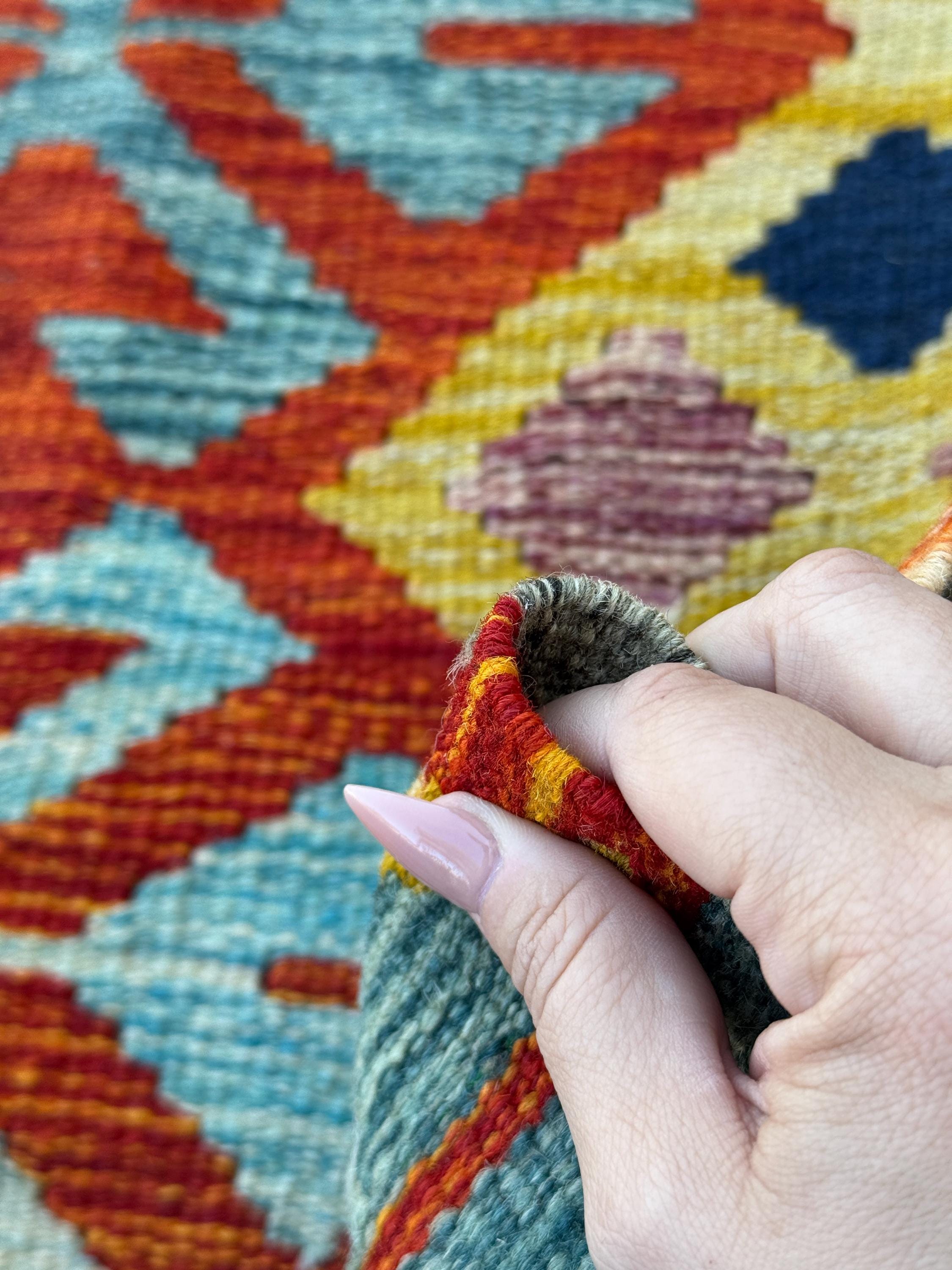 2x5 Handmade Afghan Kilim Runner Rug | Burnt Orange Mustard Yellow Teal Denim Midnight Blue Aqua Chocolate Brown Grey | Wool Flatwoven
