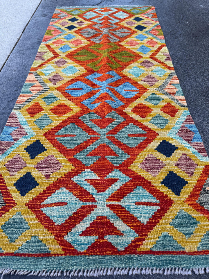 2x5 Handmade Afghan Kilim Runner Rug | Burnt Orange Mustard Yellow Teal Denim Midnight Blue Aqua Chocolate Brown Grey | Wool Flatwoven
