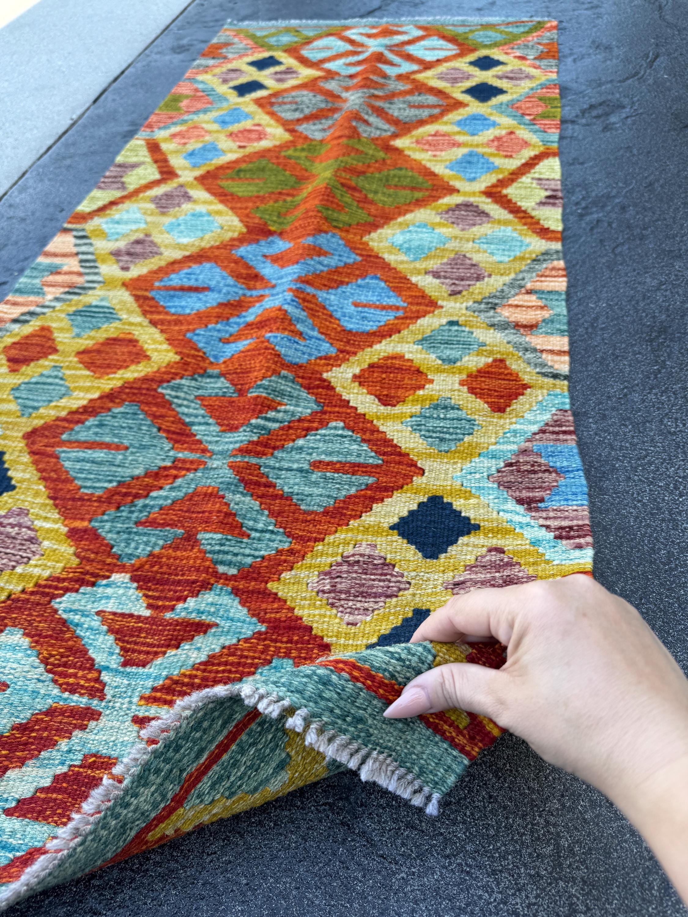 2x5 Handmade Afghan Kilim Runner Rug | Burnt Orange Mustard Yellow Teal Denim Midnight Blue Aqua Chocolate Brown Grey | Wool Flatwoven
